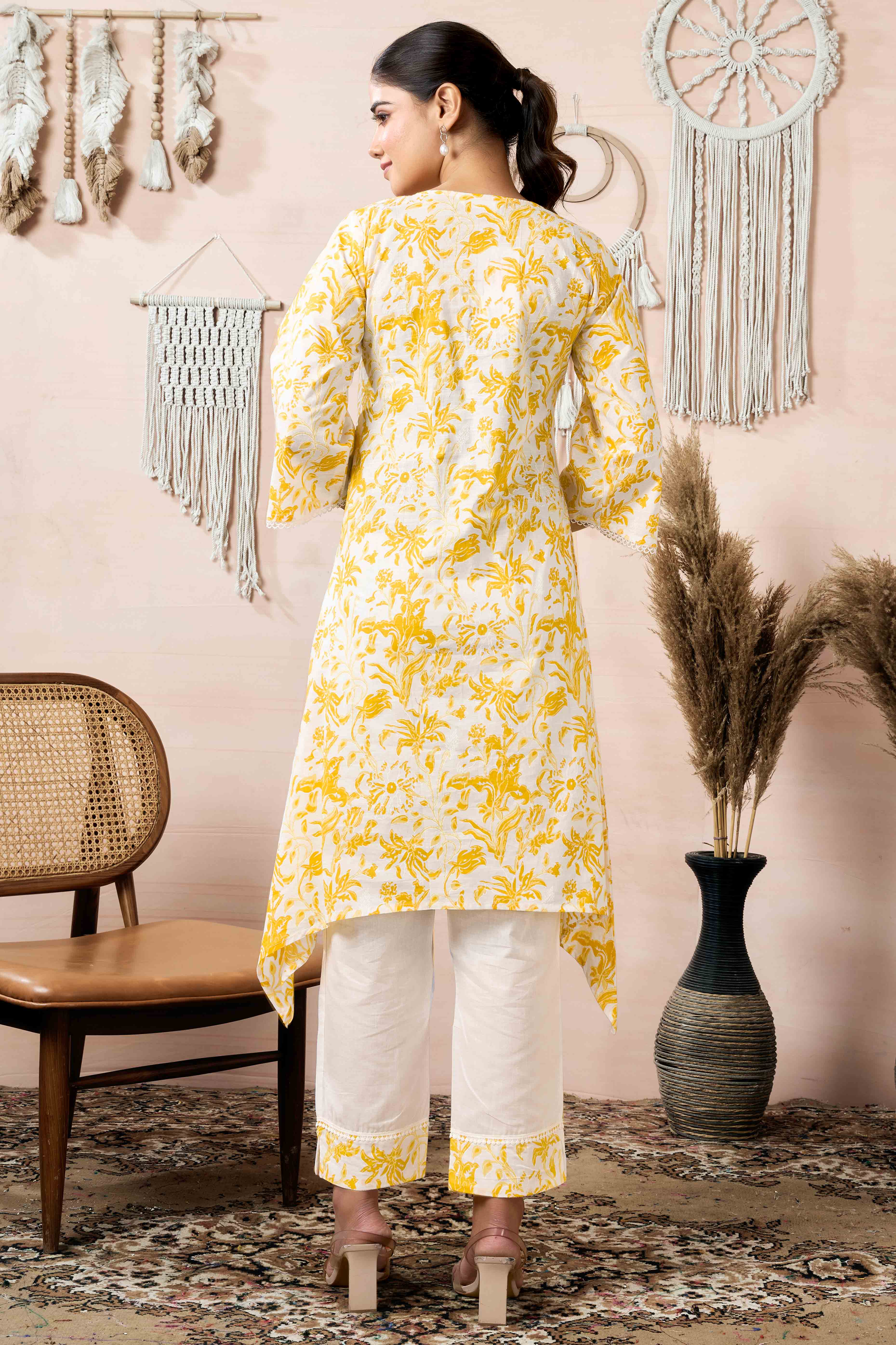 White & Mustard Floral Printed Pure Cotton A-Line Top Bottom Set