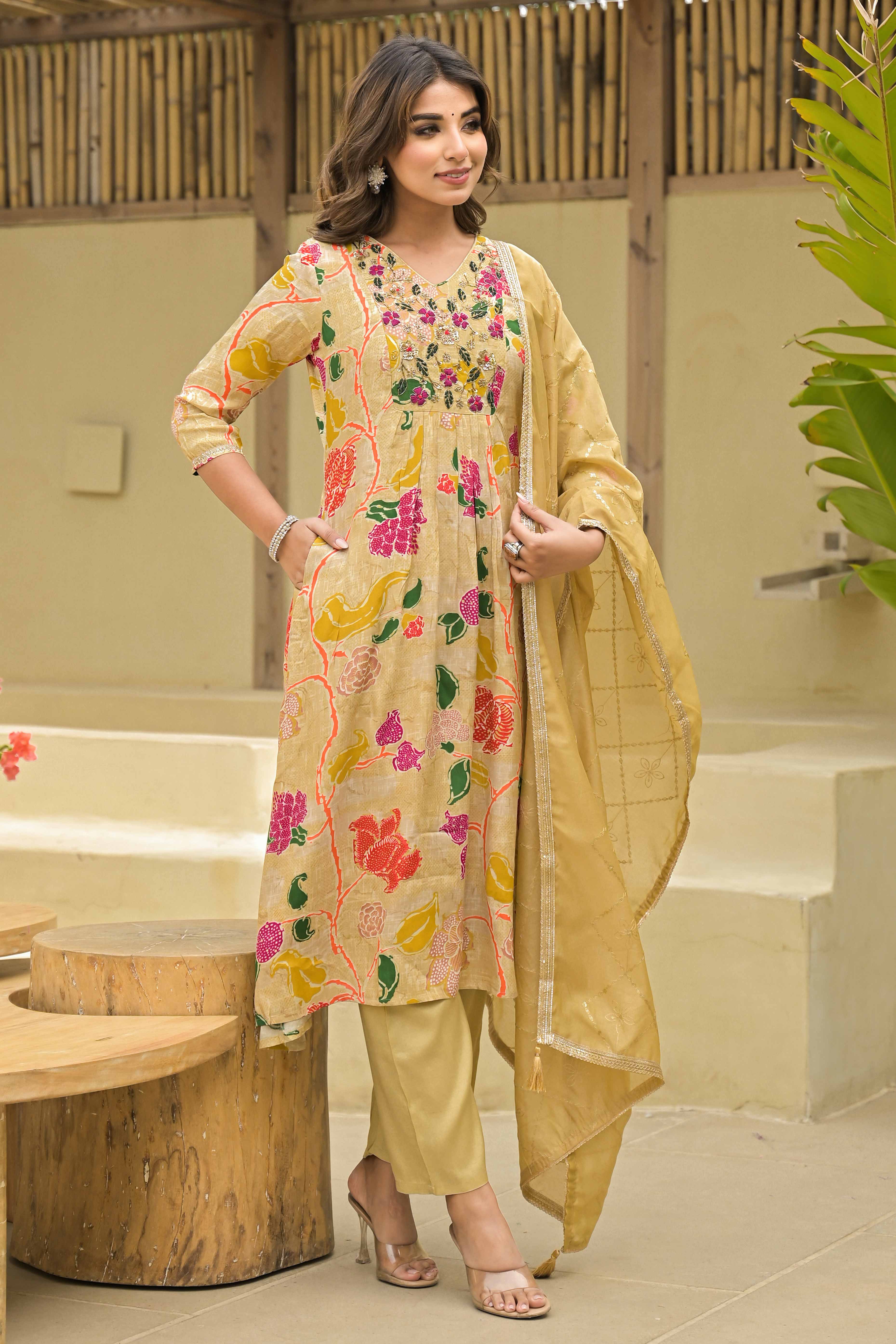 Chikoo Floral Printed Muslin Anarkali Style Salwar Suit With Hand Work