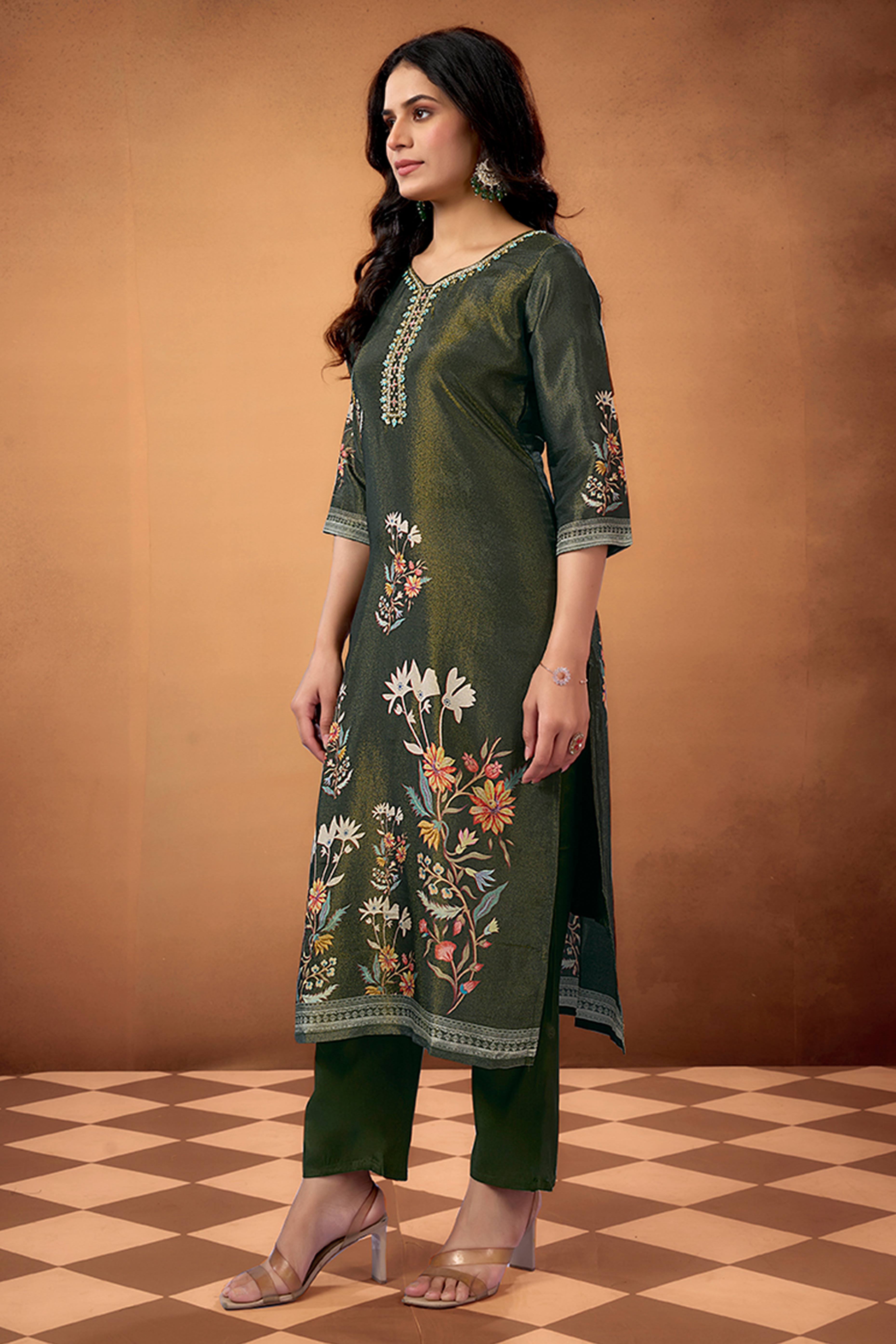 Dark Olive Floral Weaving Shimmer Straight Salwar Suit