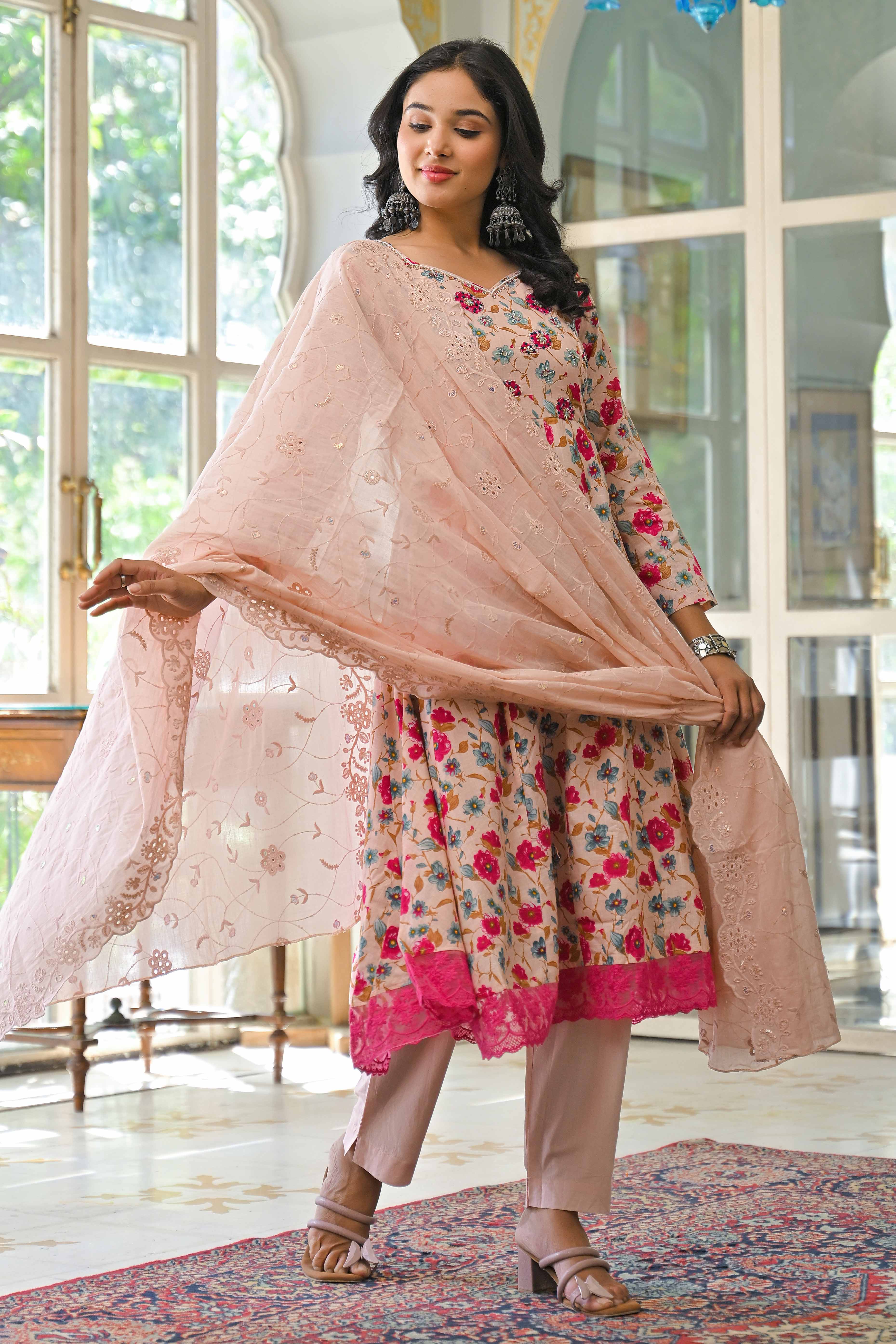 Light Pink Floral Printed Beads Work Pure Cotton Anarkali Salwar Suit