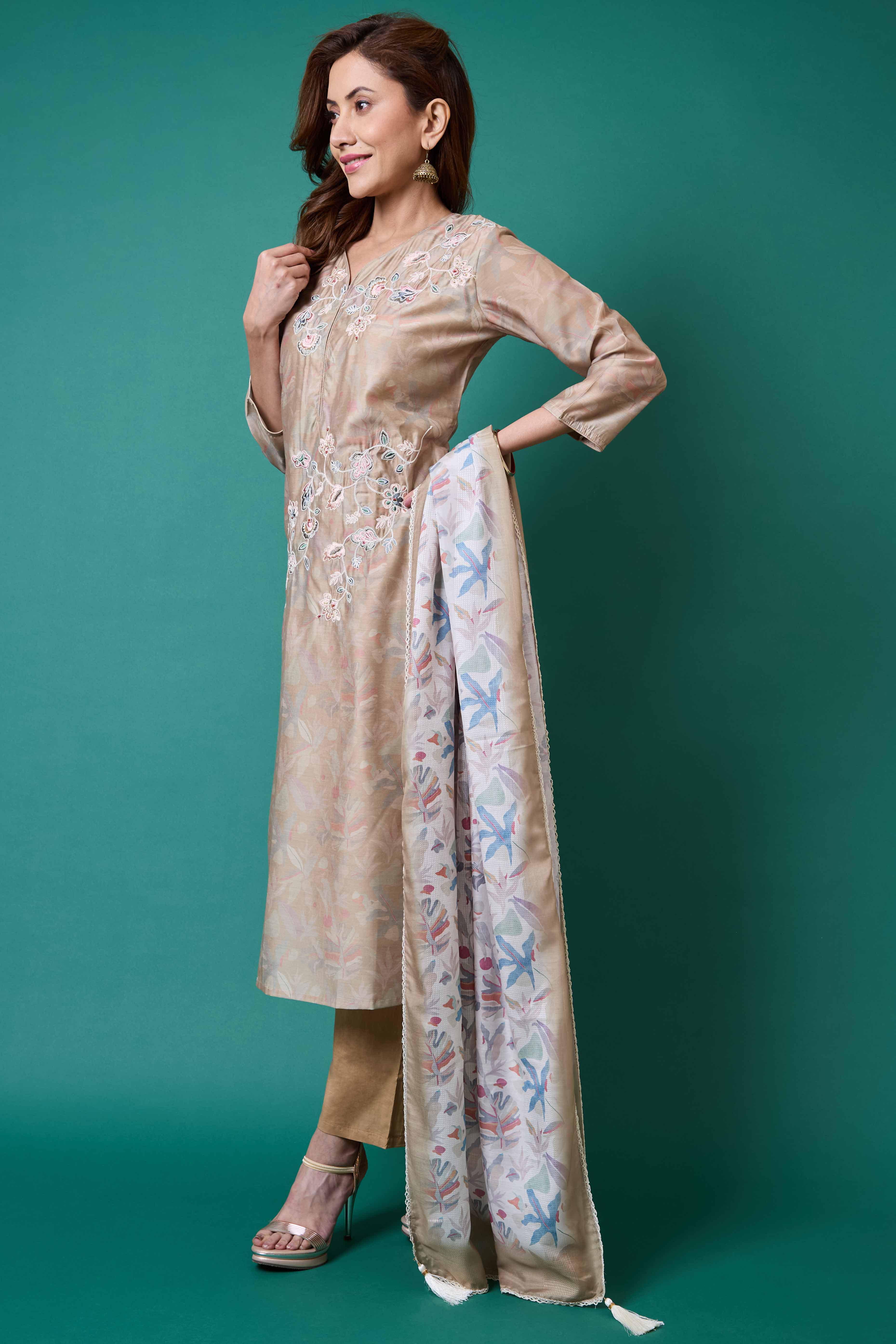 Light Olive Floral Embroidered Chanderi Silk Straight Salwar Suit