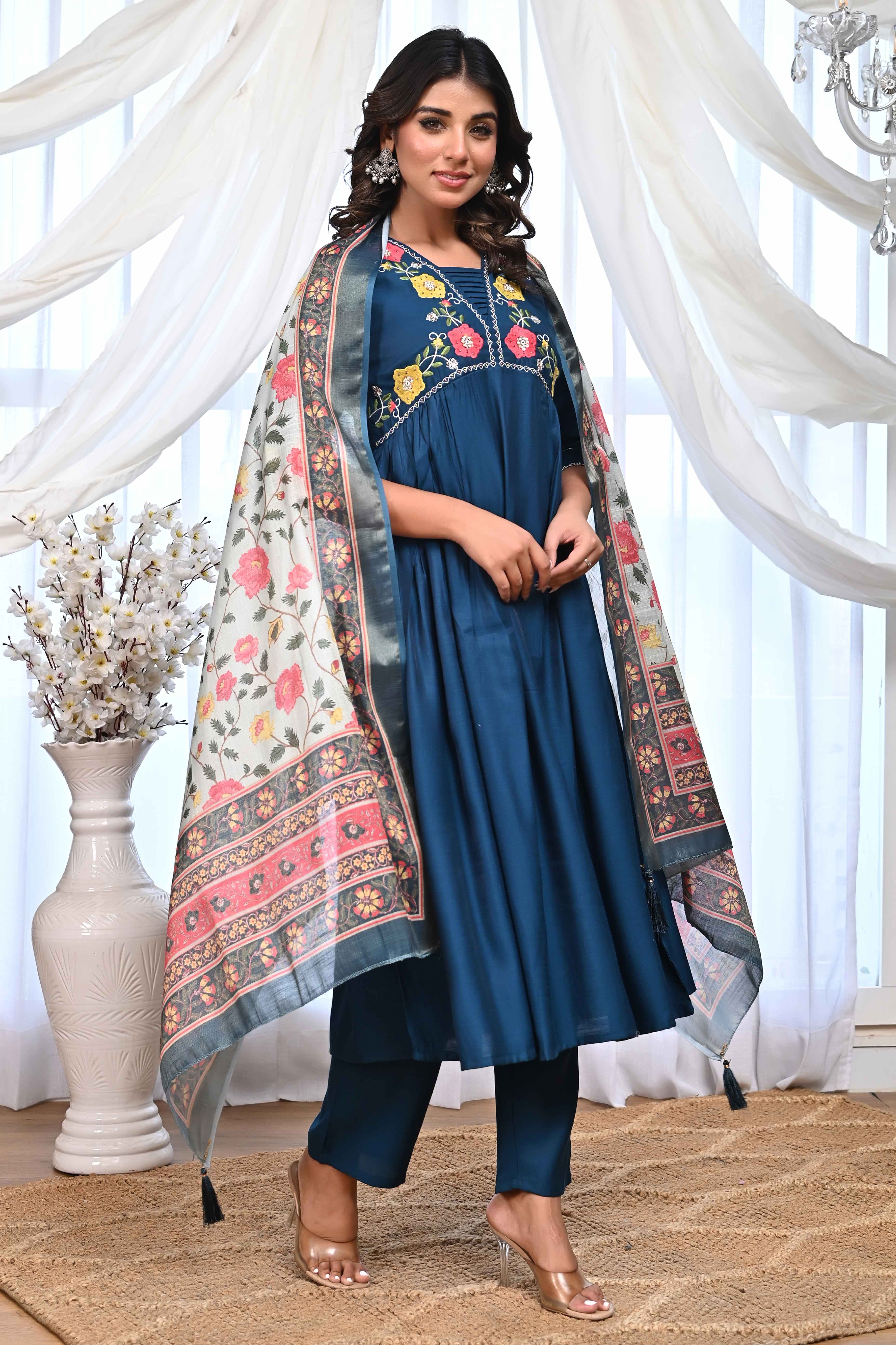 Blue Floral Embroidered A-Line Alia Cut Suit With Elegant Moti Handwork On Cotton Blend