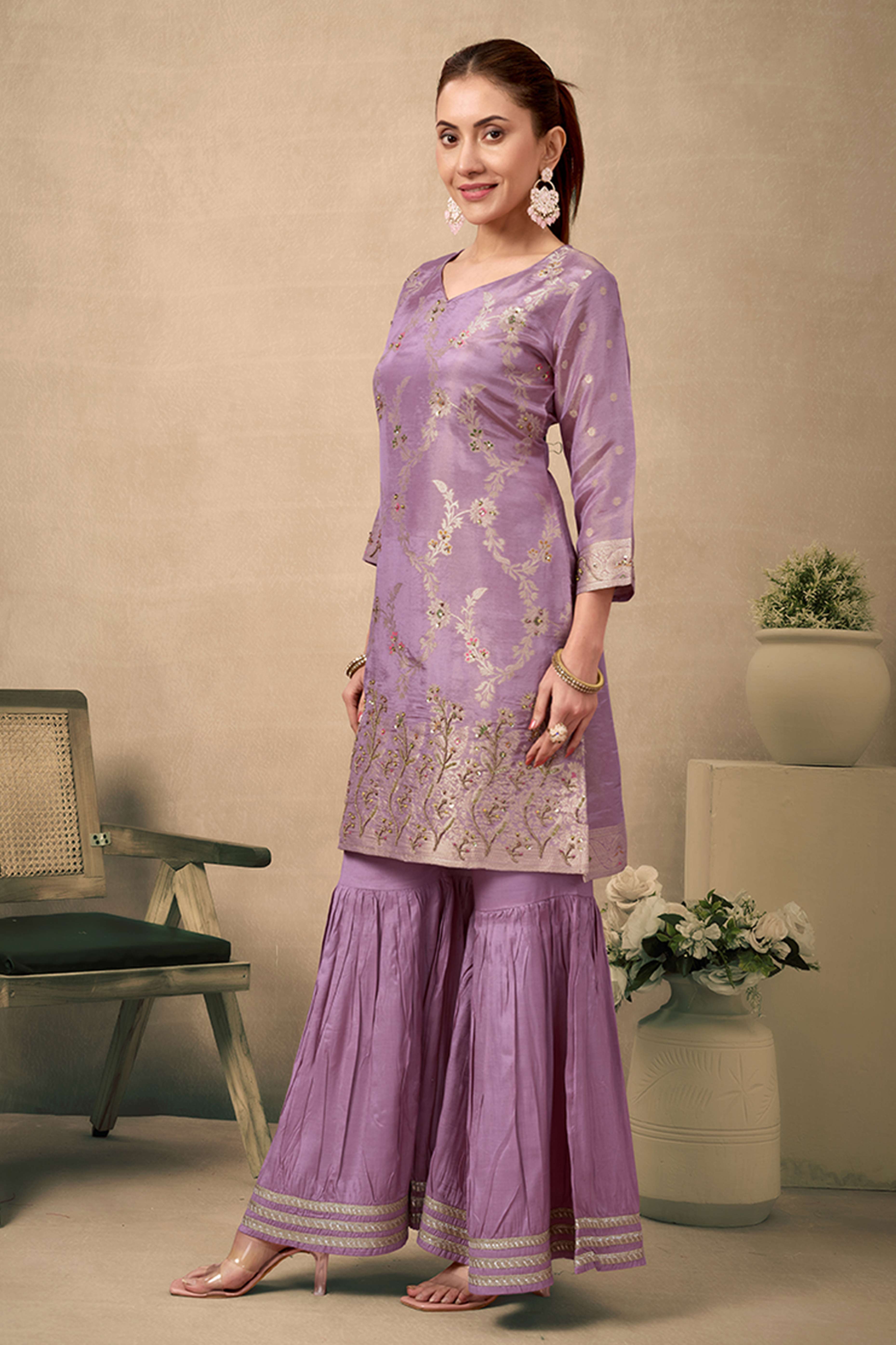 Mauve Floral Zari Woven Jacquard Sharara Suit With Exquisite Handwork