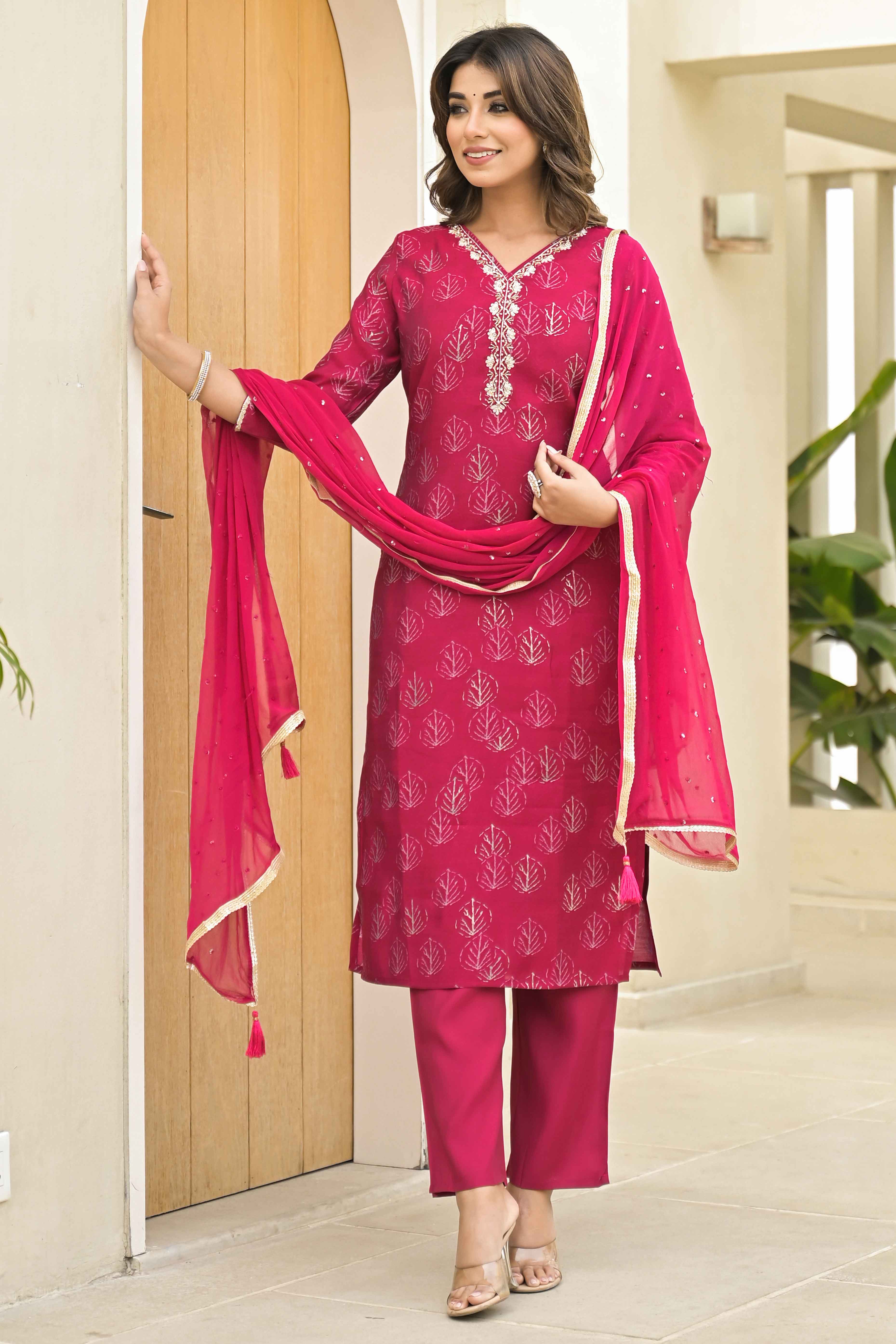 Pink Foil Printed Chanderi Straight Salwar Suit