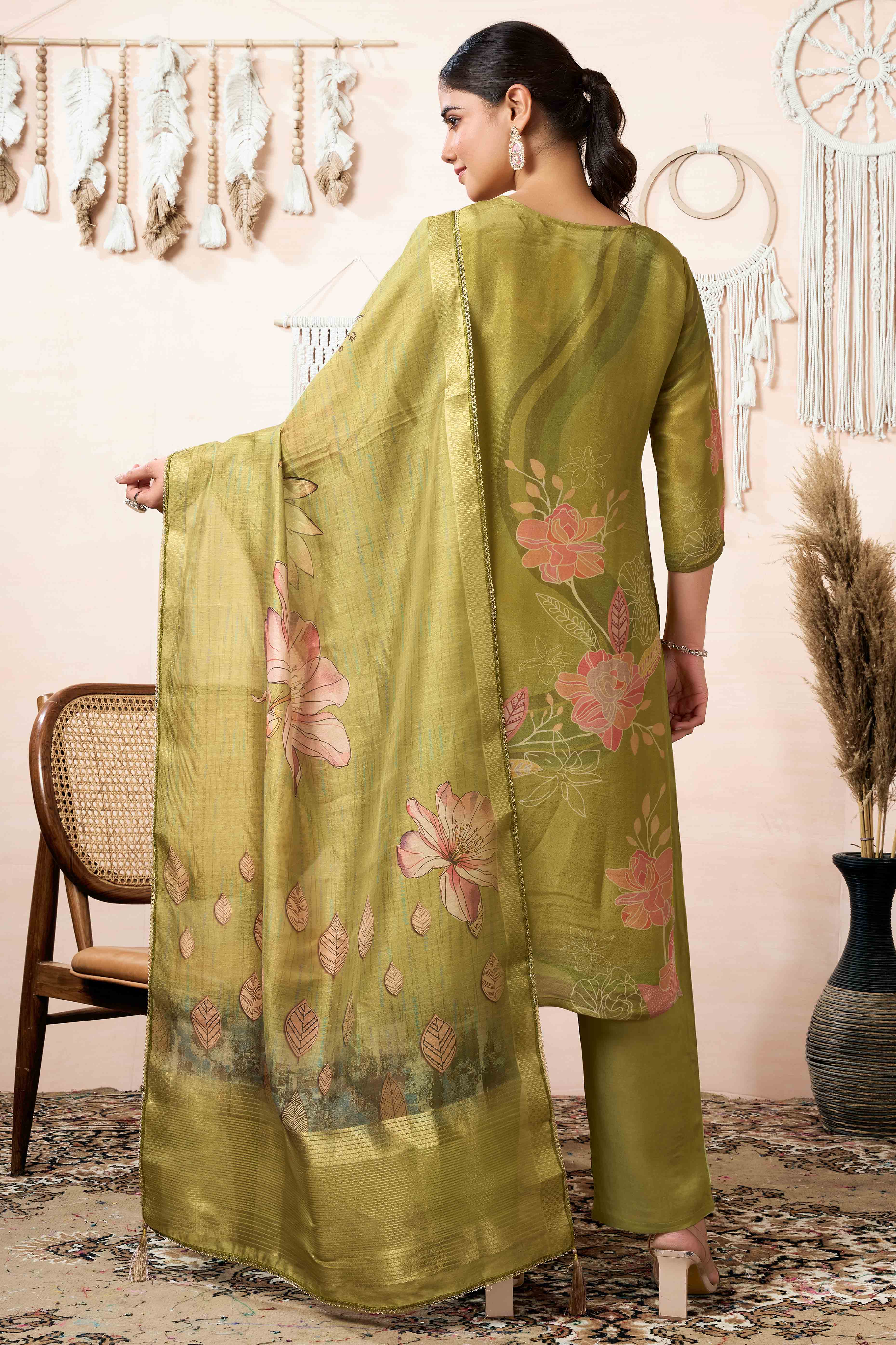 Green Floral Printed With Handwork Shimmer Organza Straight Salwar Suit