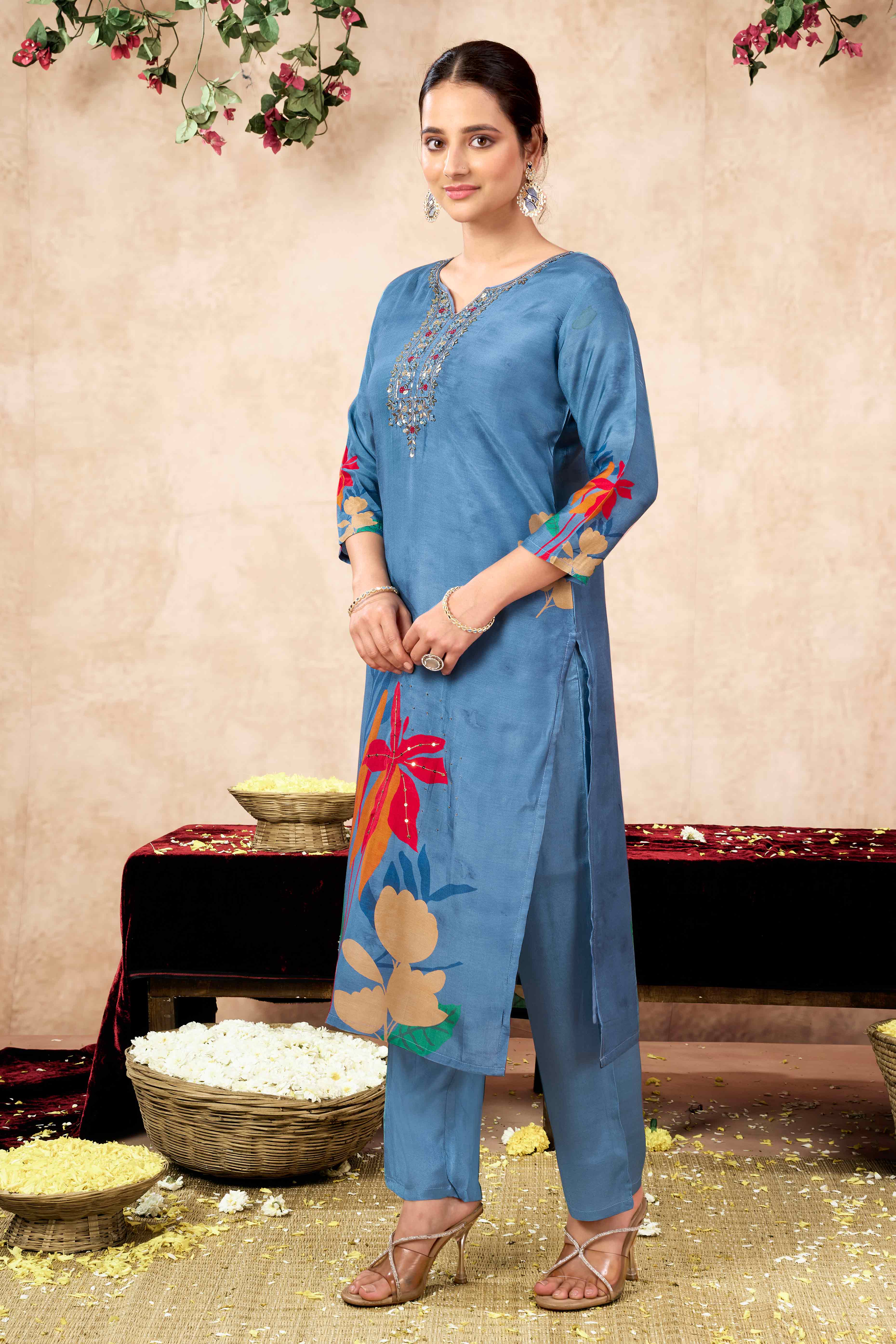Blue Floral Hand Embroidery With Printed Muslin Straight Salwar Suit