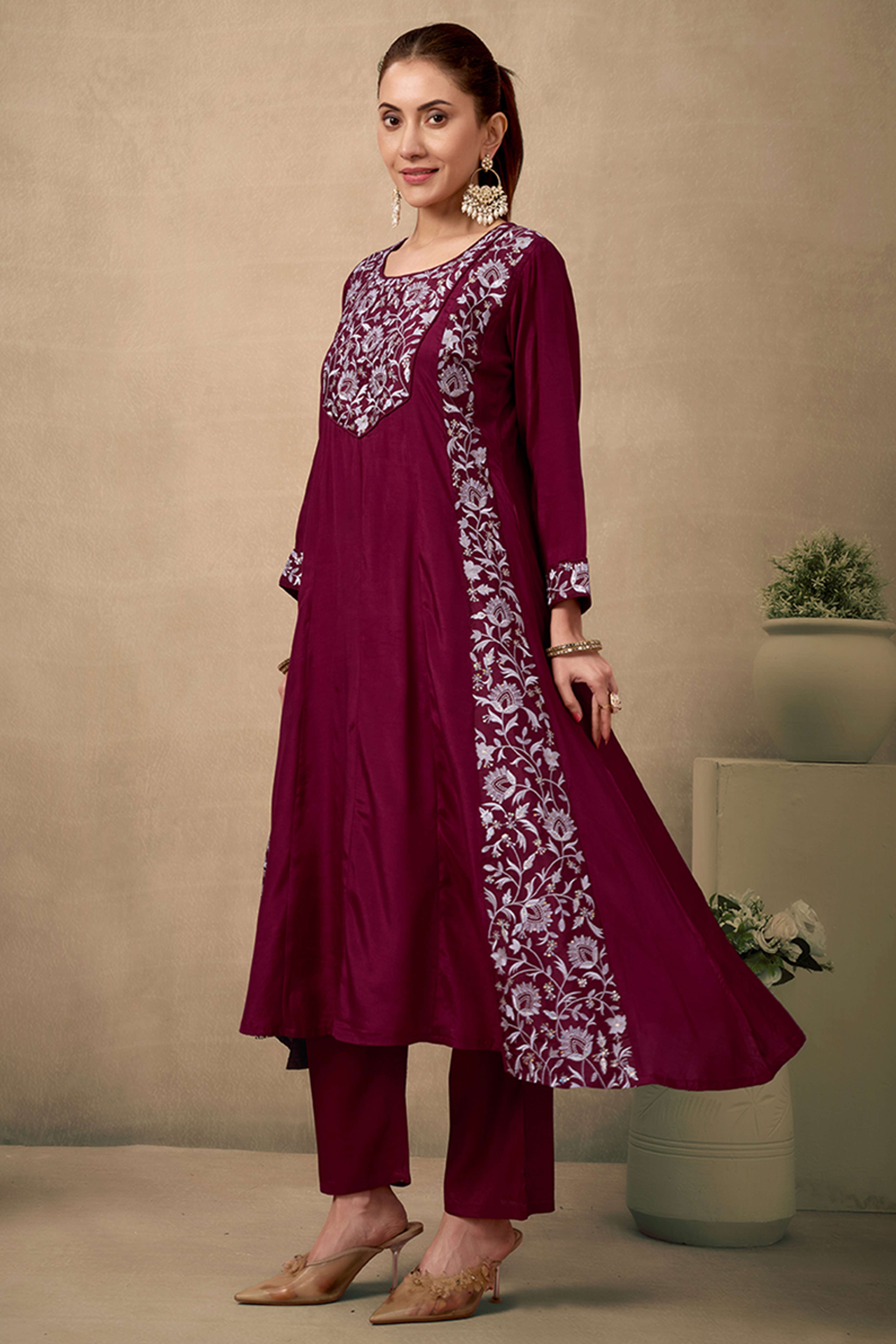 Maroon Silk Blend Anarkali Suit With Floral Sequins Embroidery
