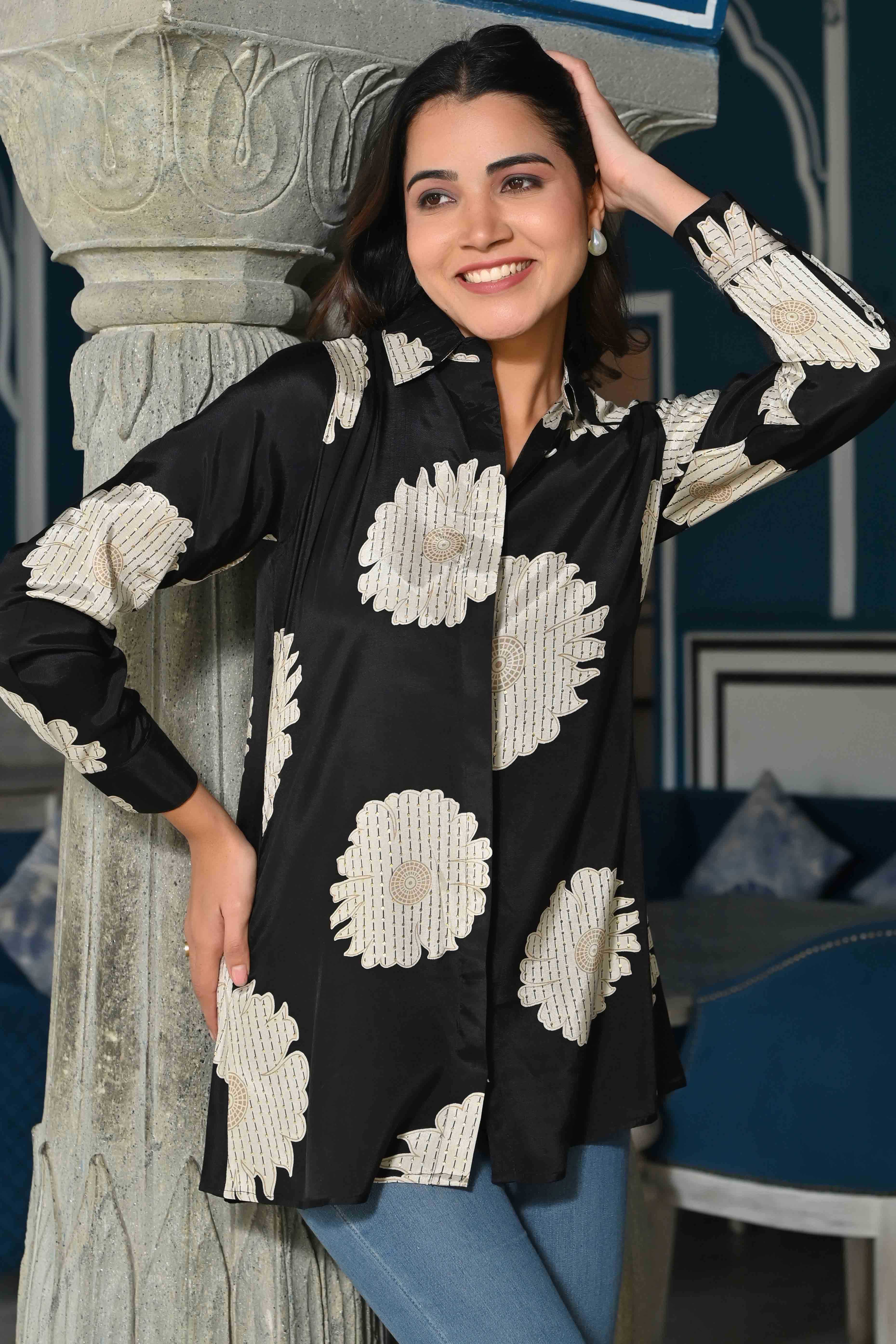 Black Floral Printed Muslin Top