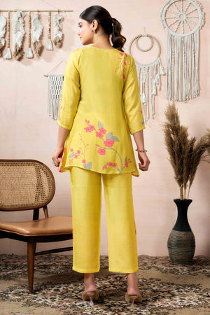 Yellow Floral Digital Print With Handwork Muslin Co-Ord Set