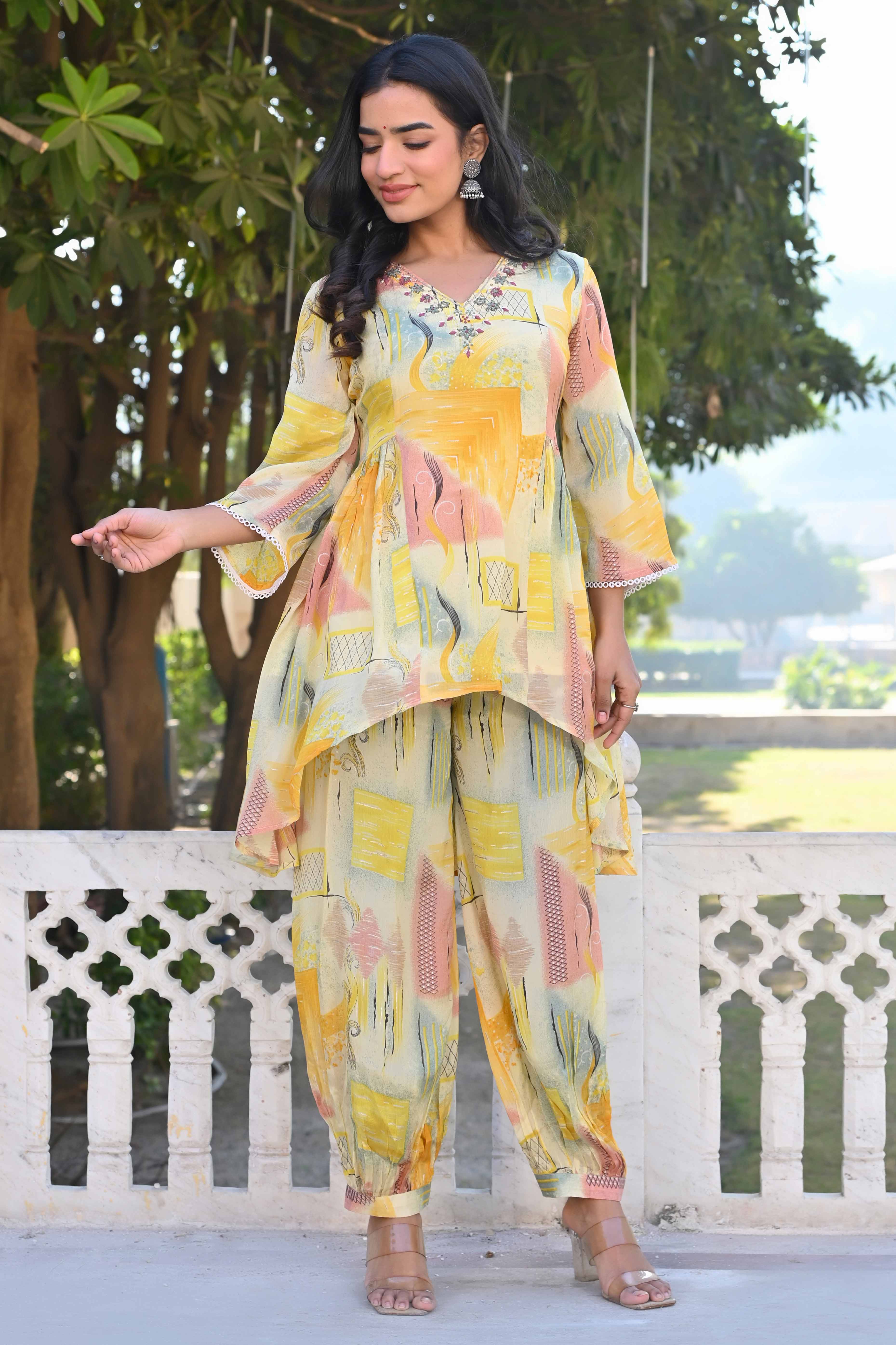 Cream & Yellow Printed With Embroidered Pure Chinon A-Line Co-Ord Set