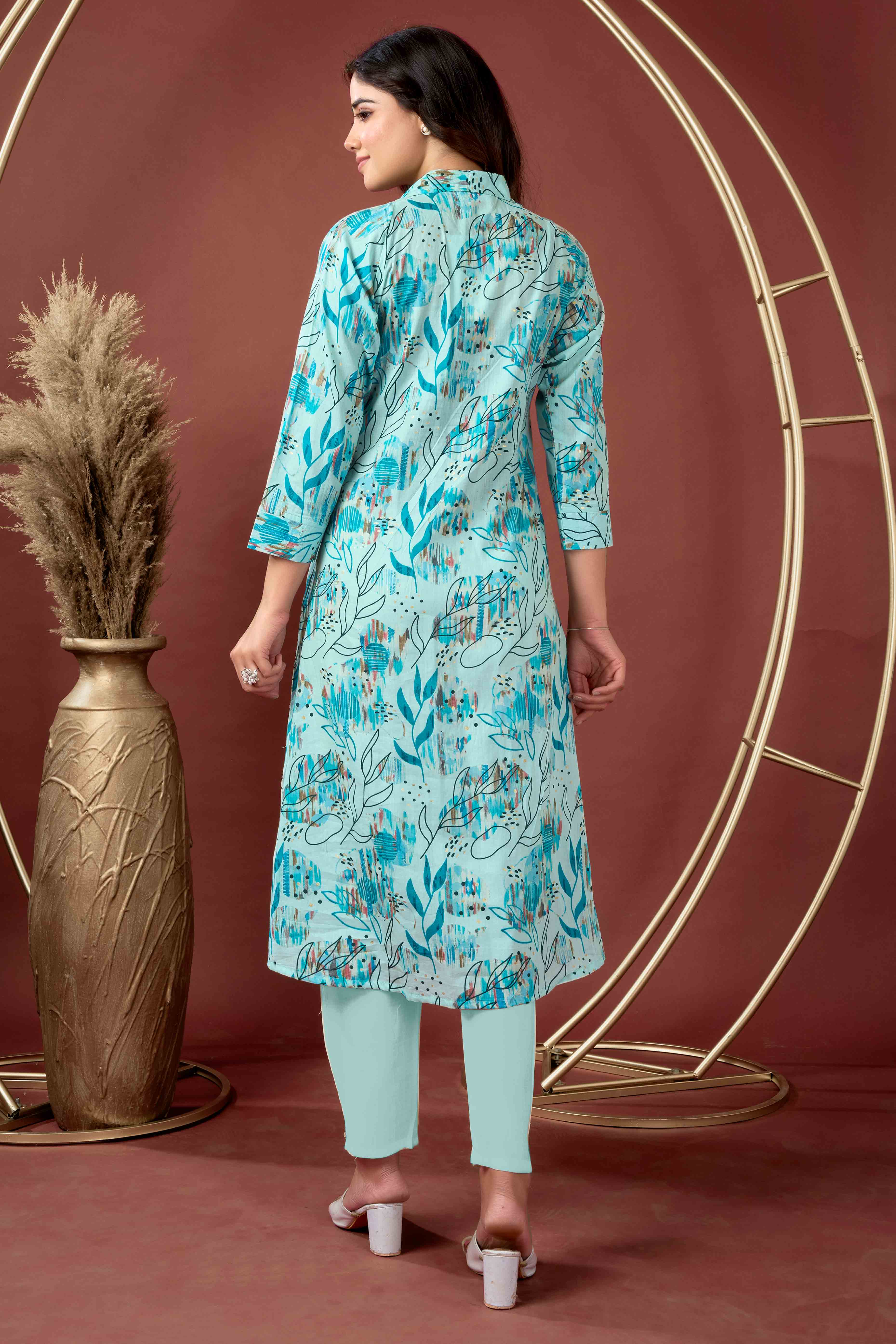 Light Blue Floral Printed Pure Cotton A-Line Kurti