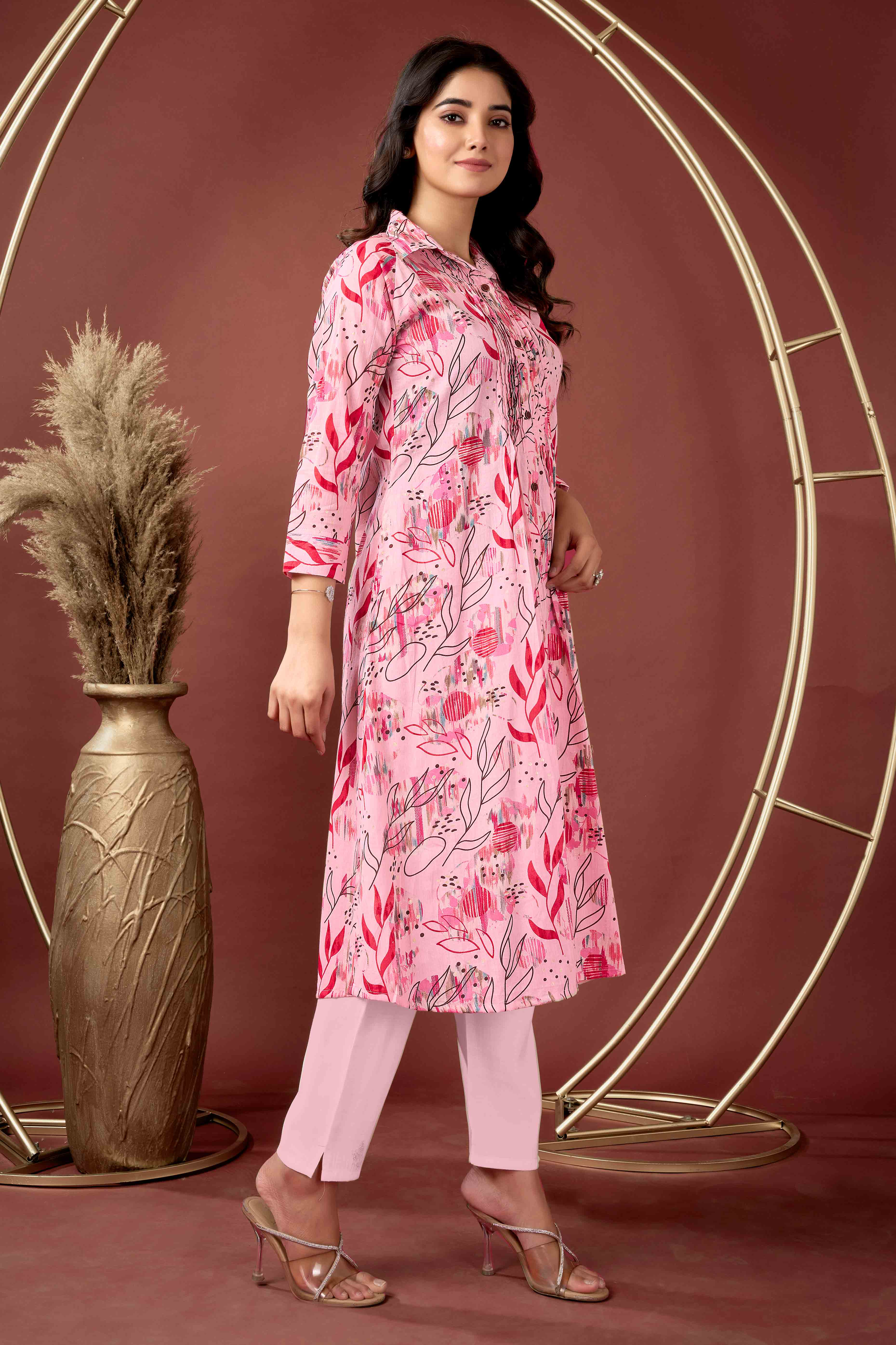 Light Peach Floral Printed Pure Cotton A-Line Kurti