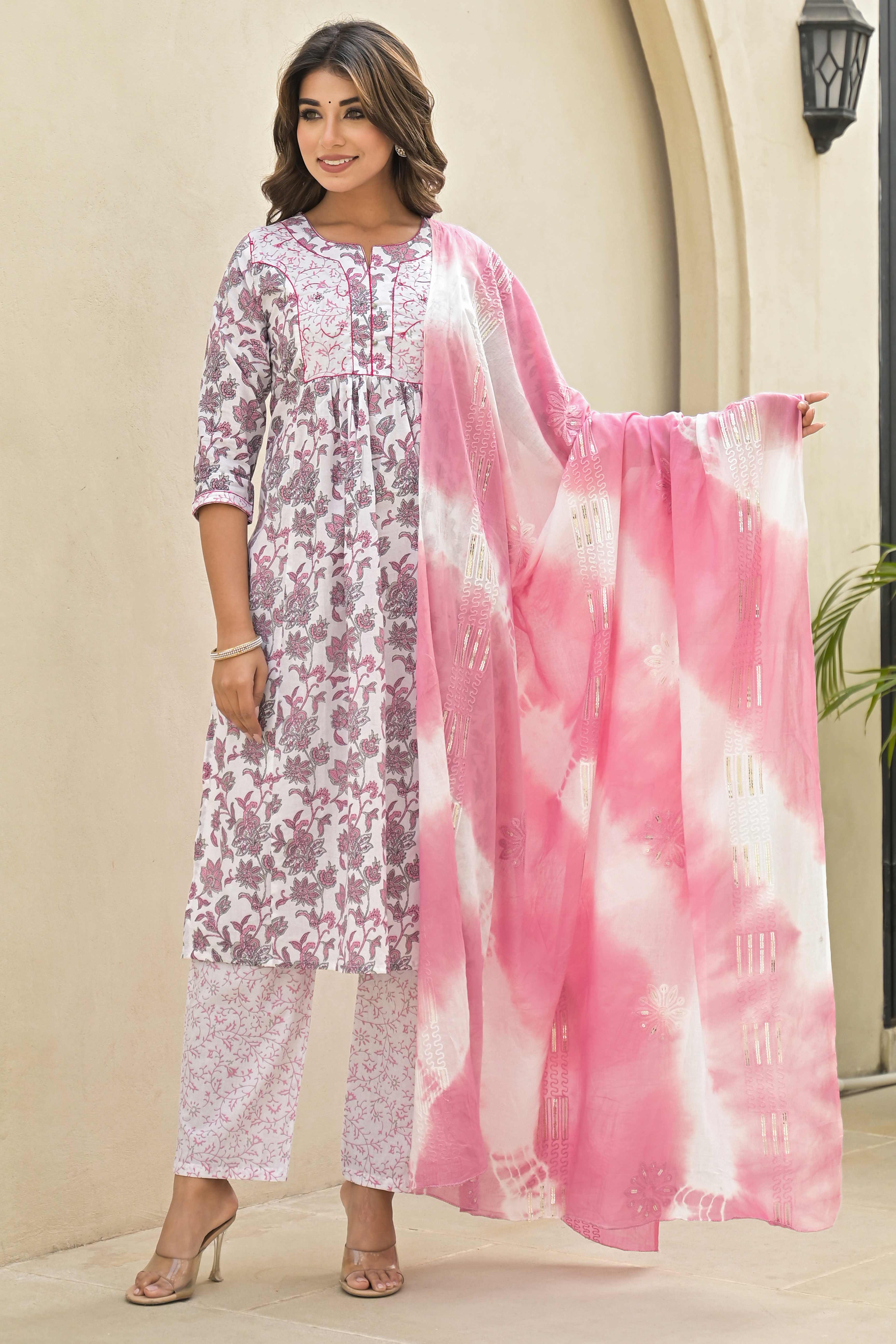 White & Pink Floral Printed Pure Cotton Naira Cut Salwar Suit