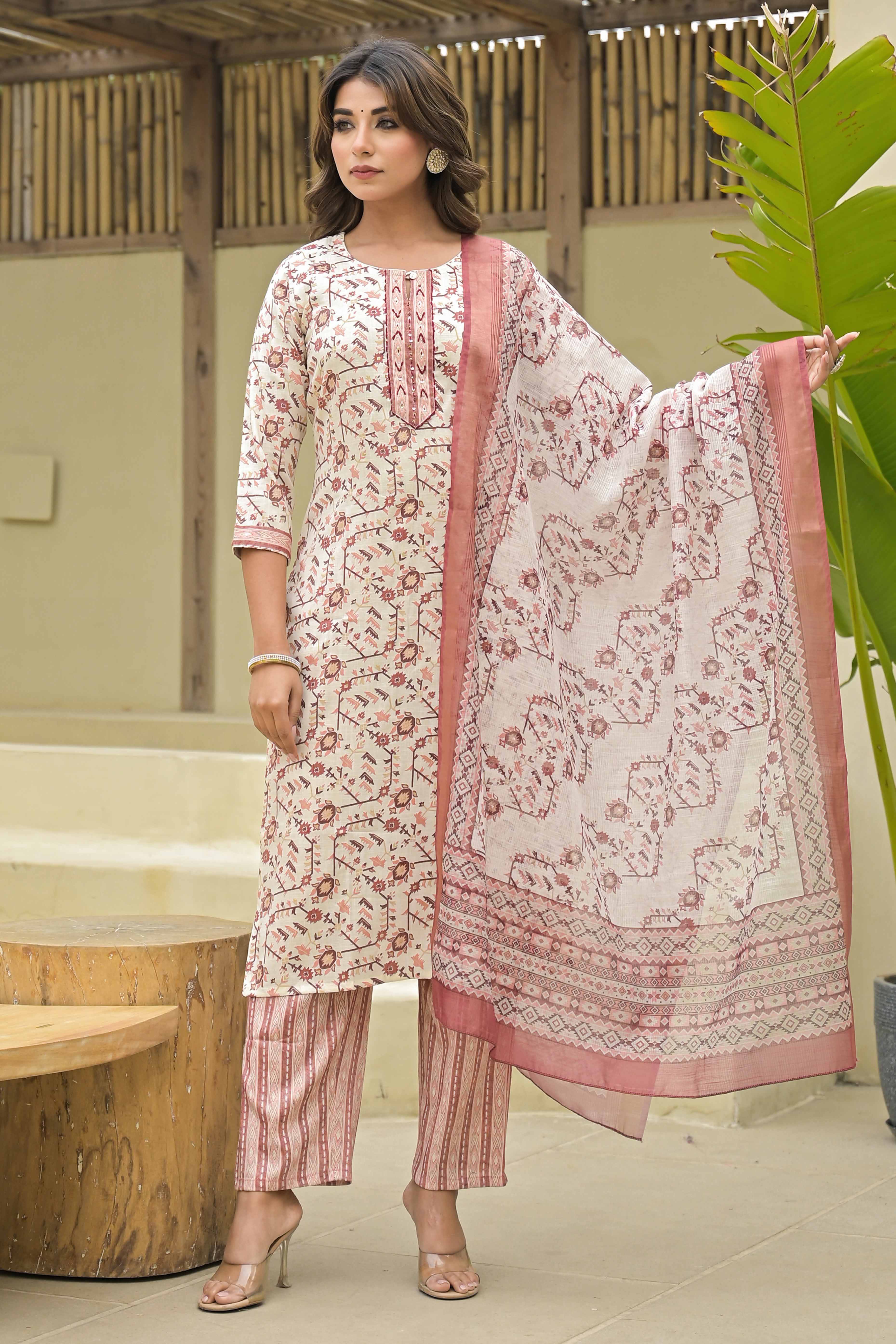 Peach Floral Printed Rayon Straight Salwar Suit