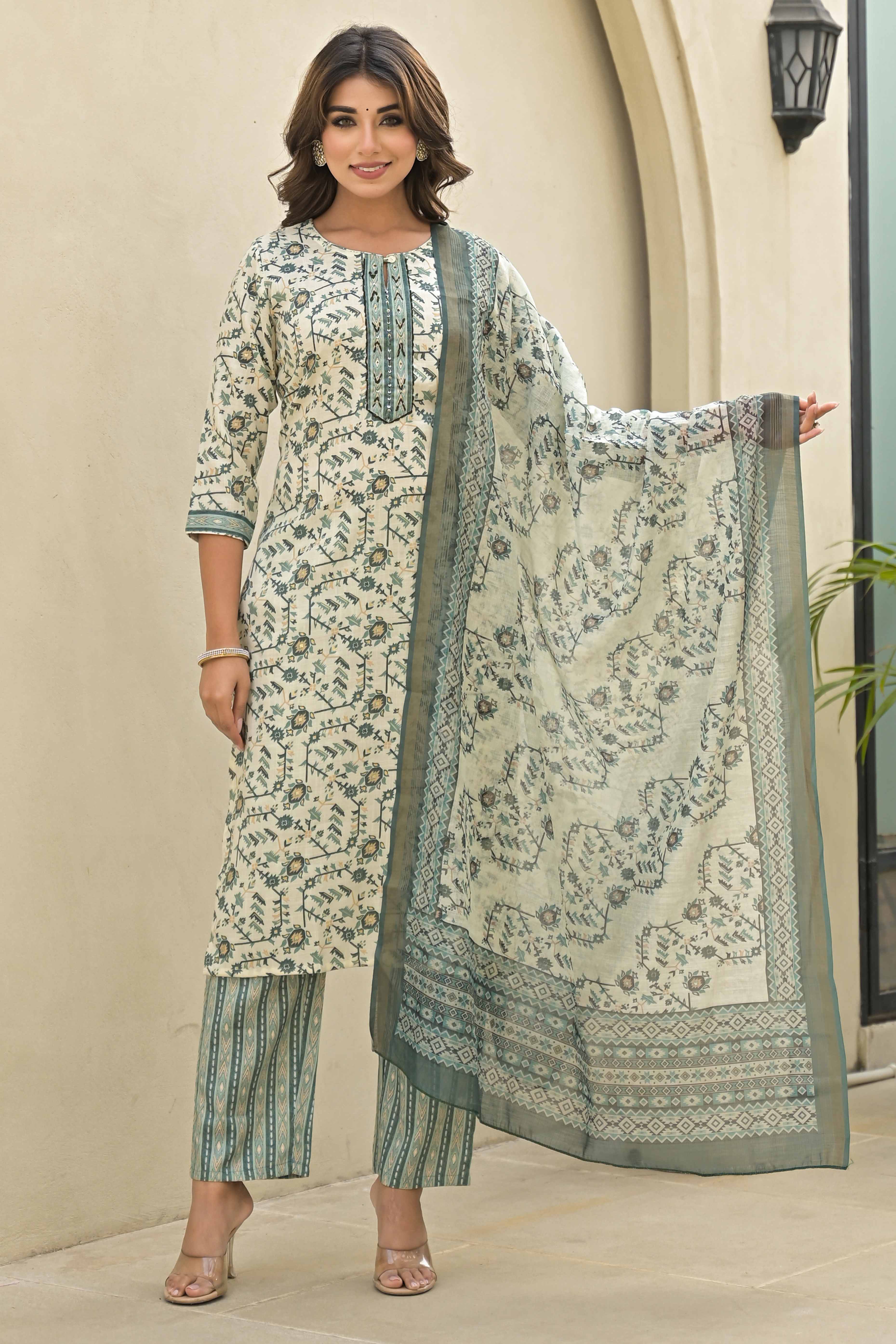 Sea Green Floral Printed Rayon Straight Salwar Suit