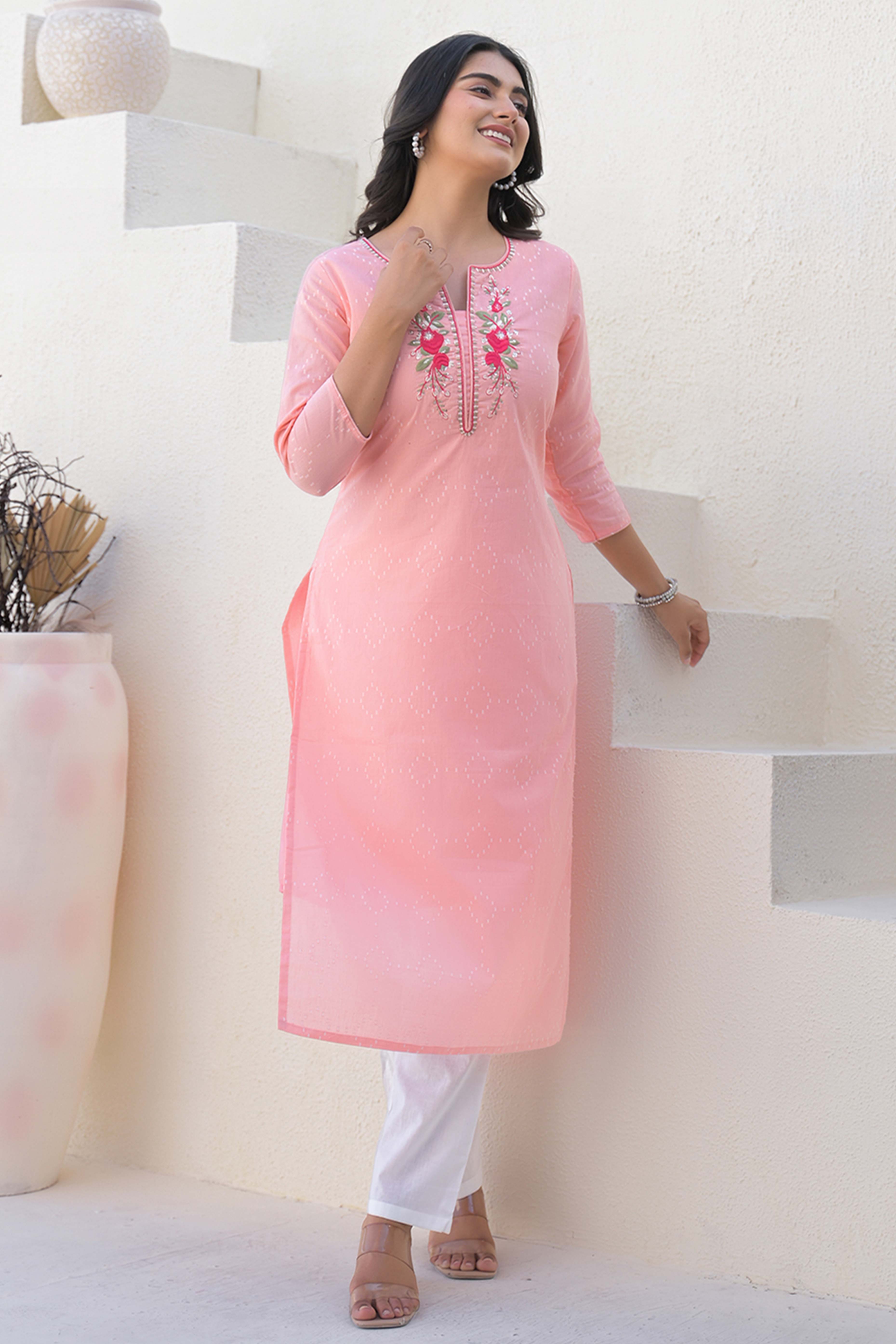 Peach Cotton Straight Kurti with Delicate Neck Embroidery