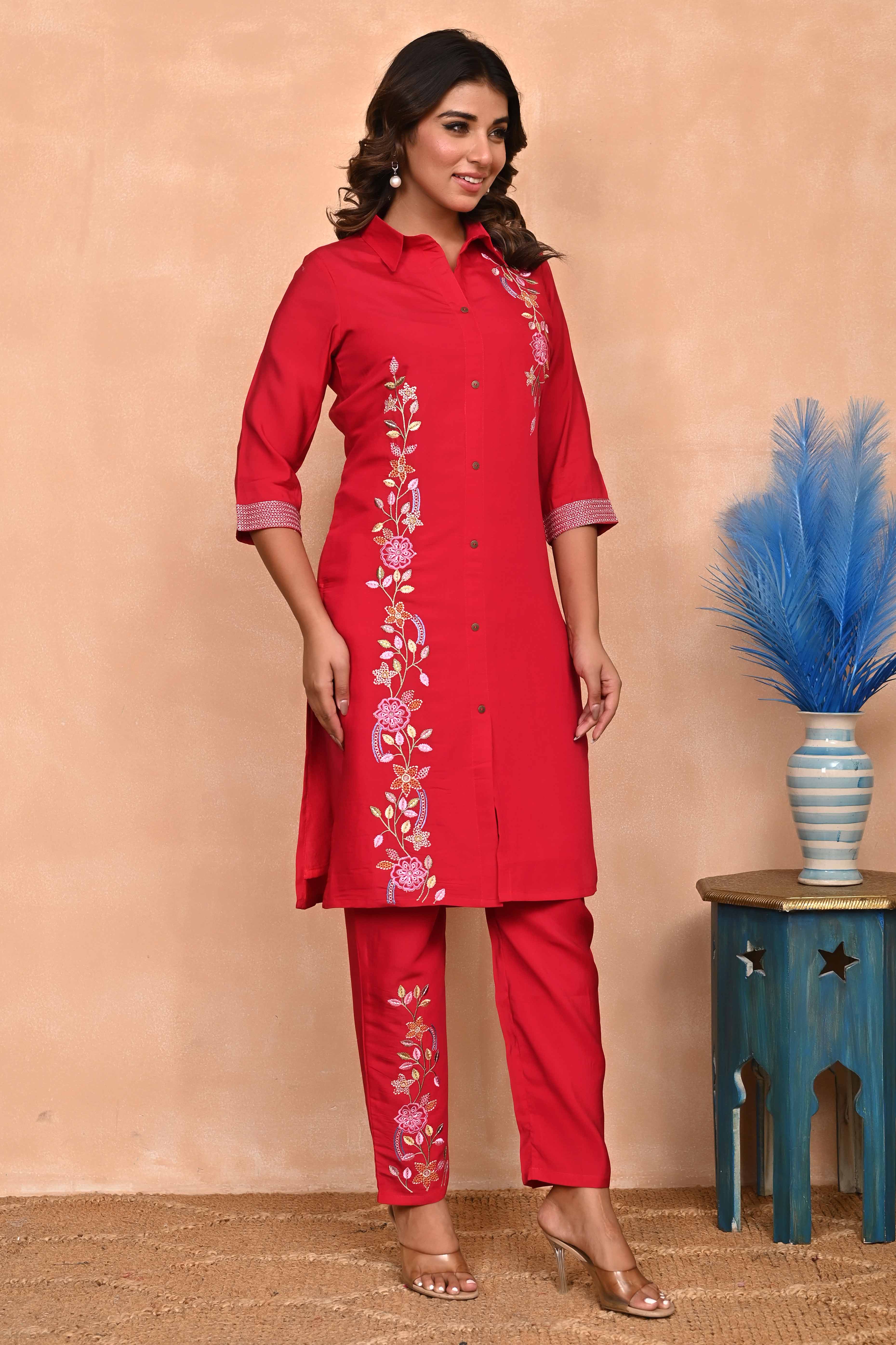 Stylish Red Co-Ord Set in Chanderi Silk with Intricate Floral Embroidery