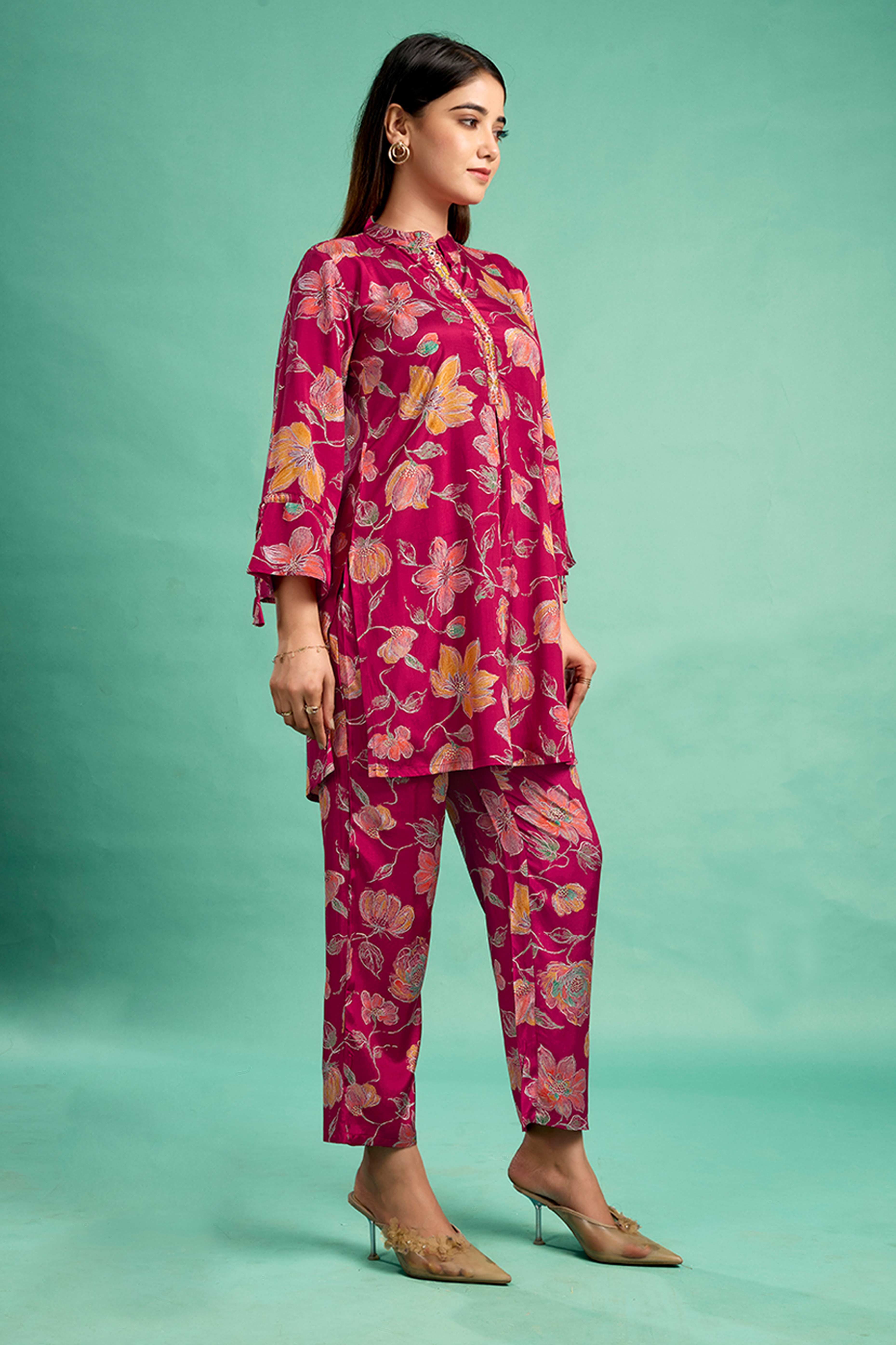 Red Floral Printed Muslin Straight Co-Ord Set
