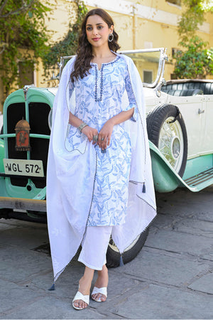 White & Blue Floral Printed Pure Cotton Straight Salwar Suit