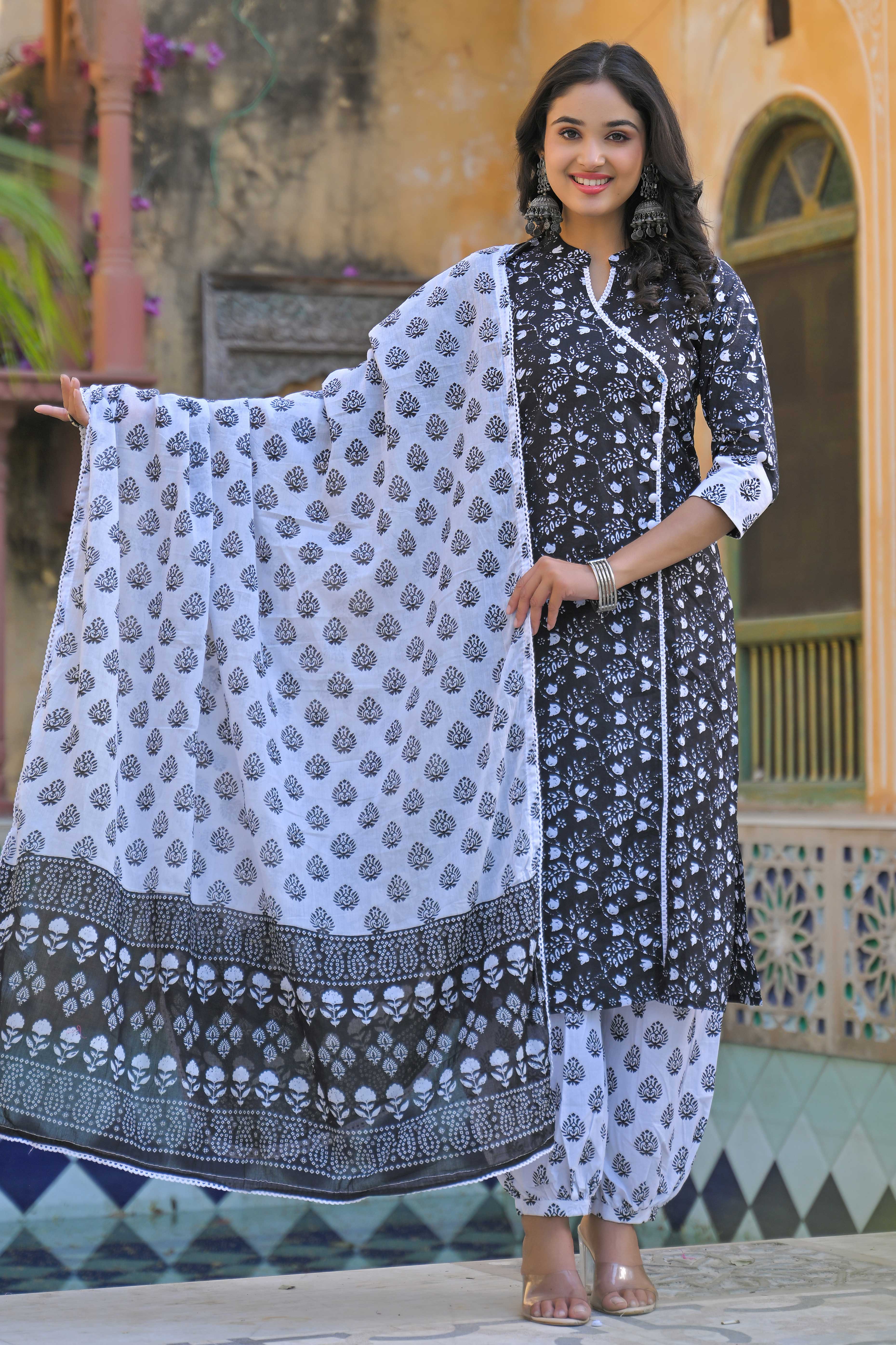 Black Floral Printed Pure Cotton Angrakha Salwar Suit