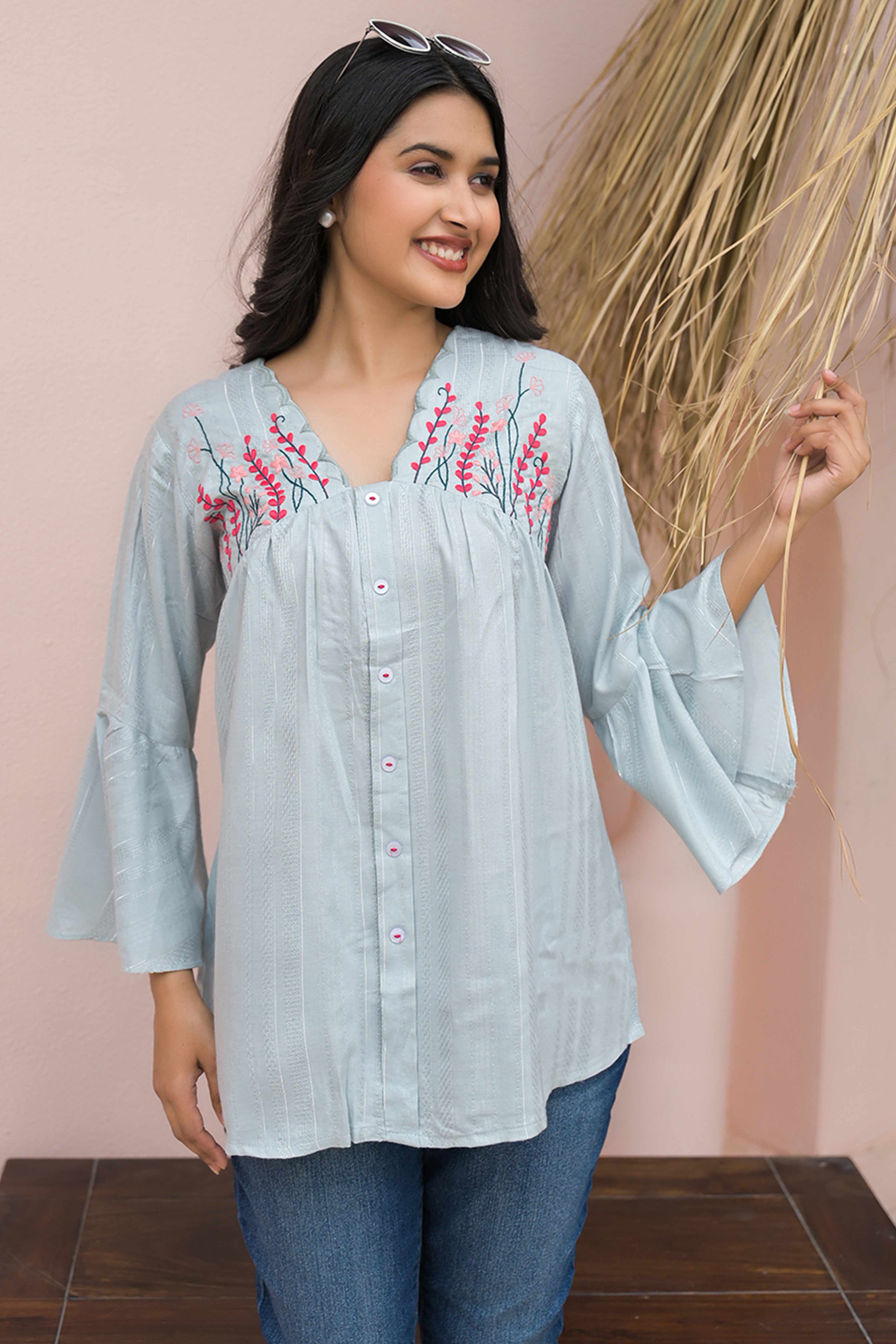 Elegant Light Sky Blue A-Line Cotton Top with Delicate Floral Work