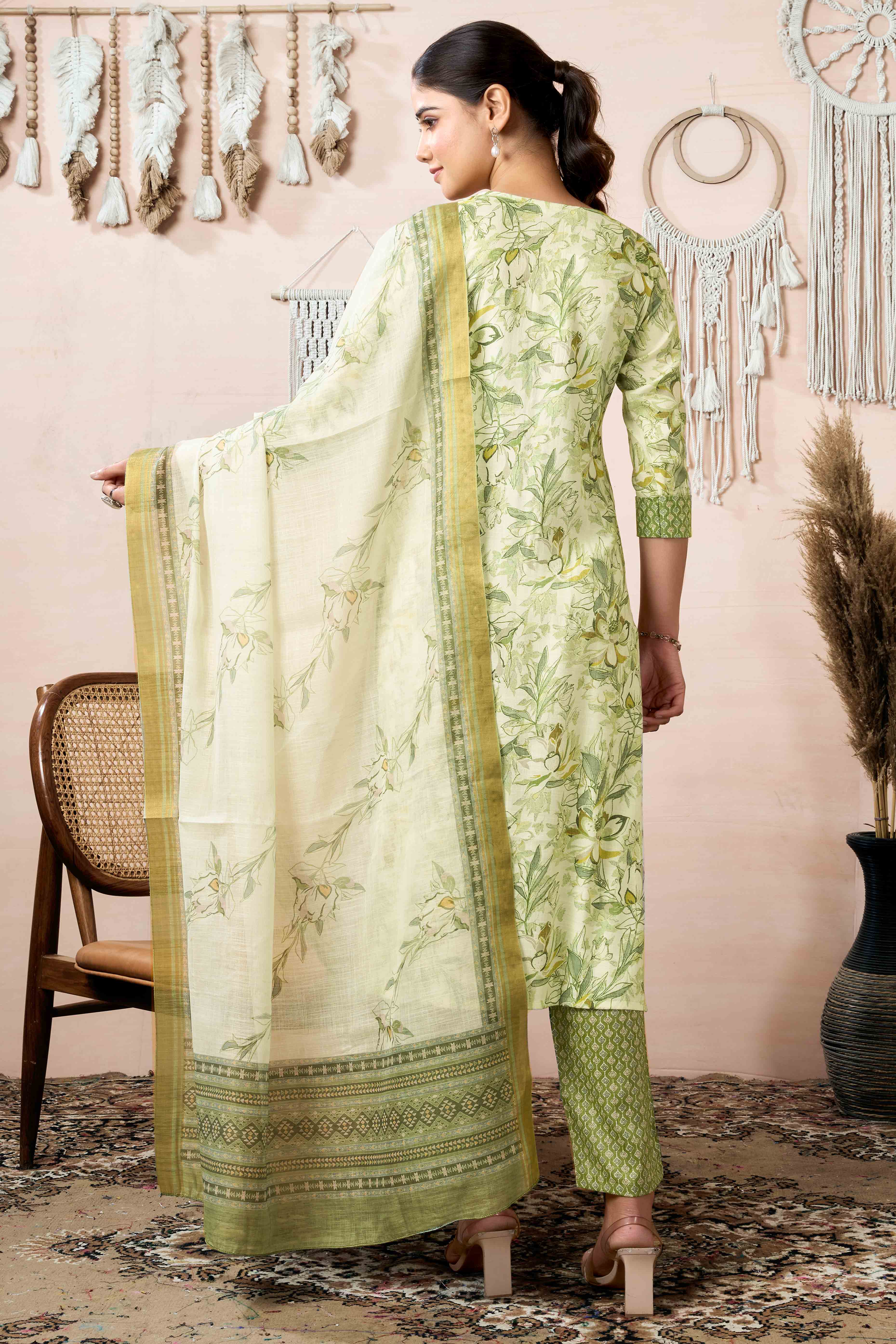 Off White Floral Foil Printed With Sequins Work Rayon Salwar Suit