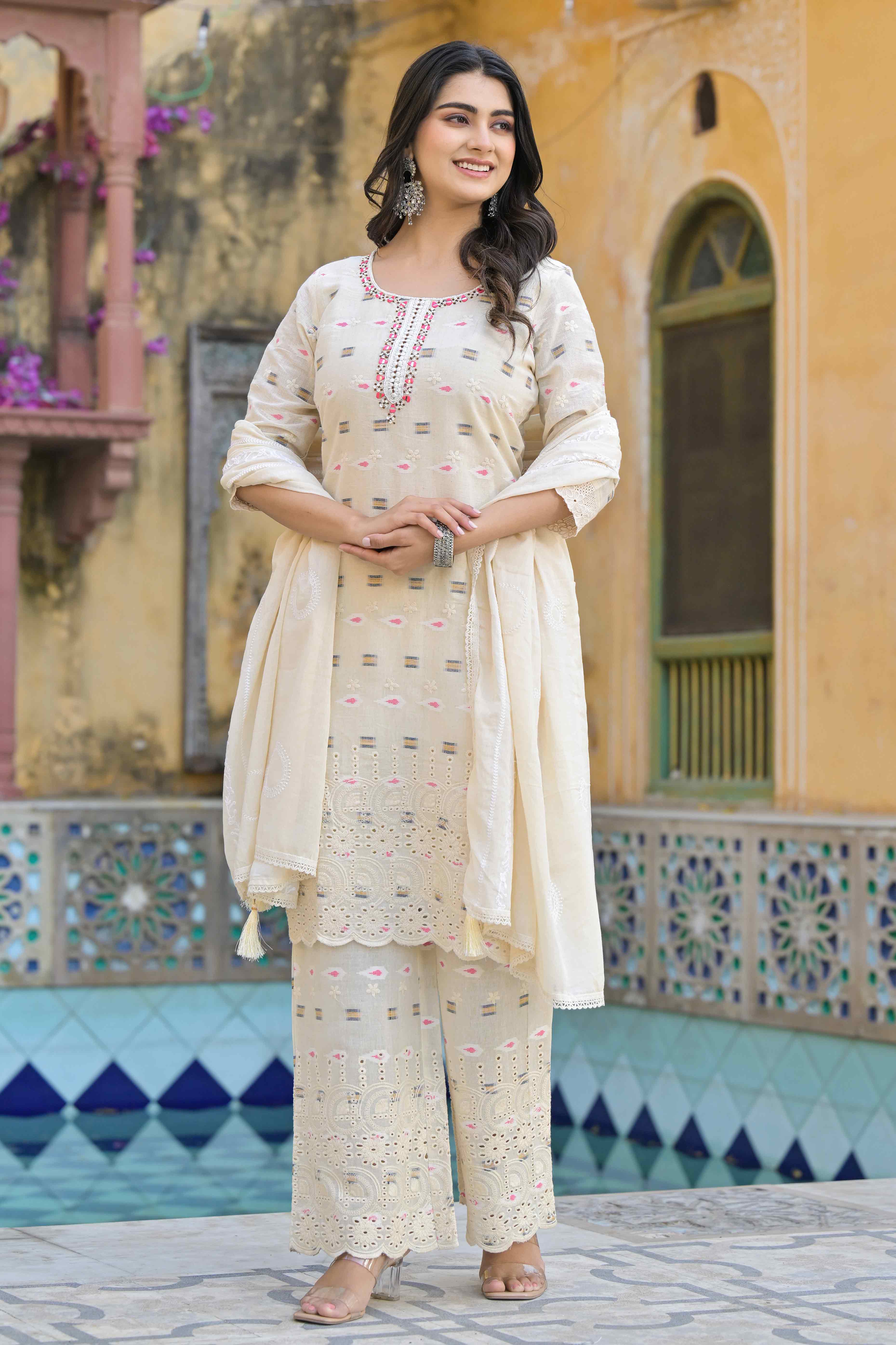 Off White Schiffli Work Embroidered Pure Cotton Salwar Suit