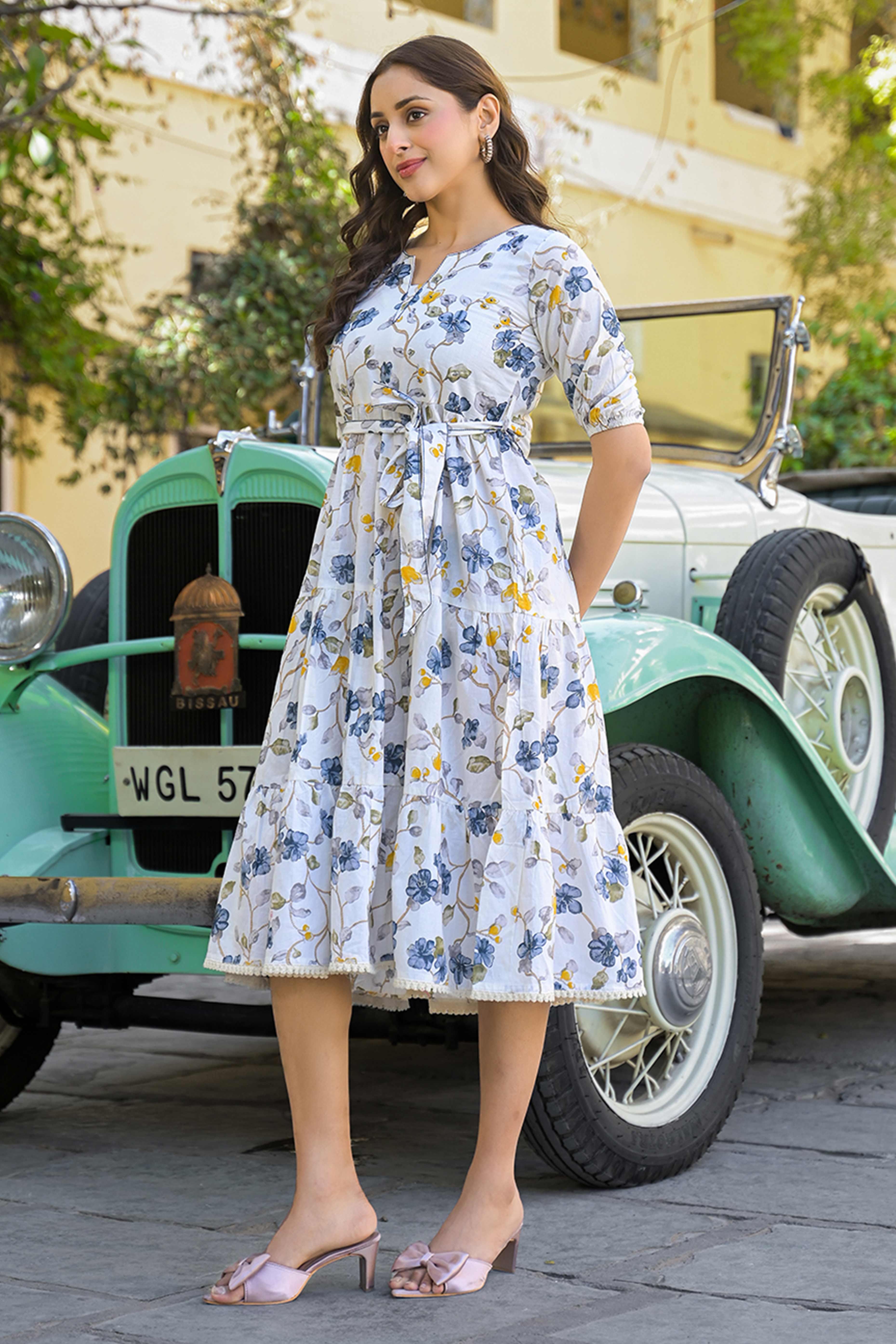 Grey Floral Printed Pure Cotton Maxi Dress