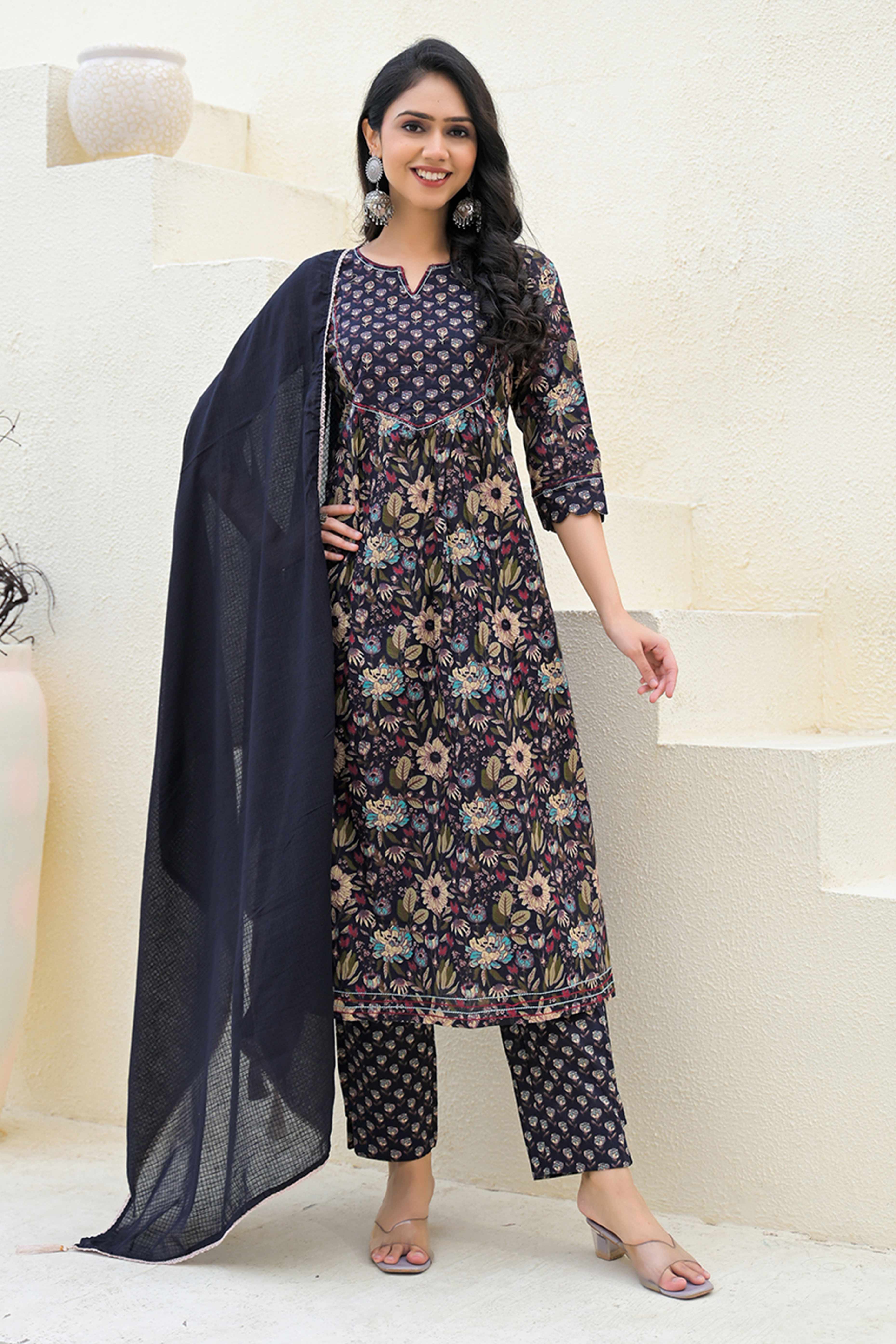 A-Line Style Black Cotton Salwar Suit with Blooming Floral Prints