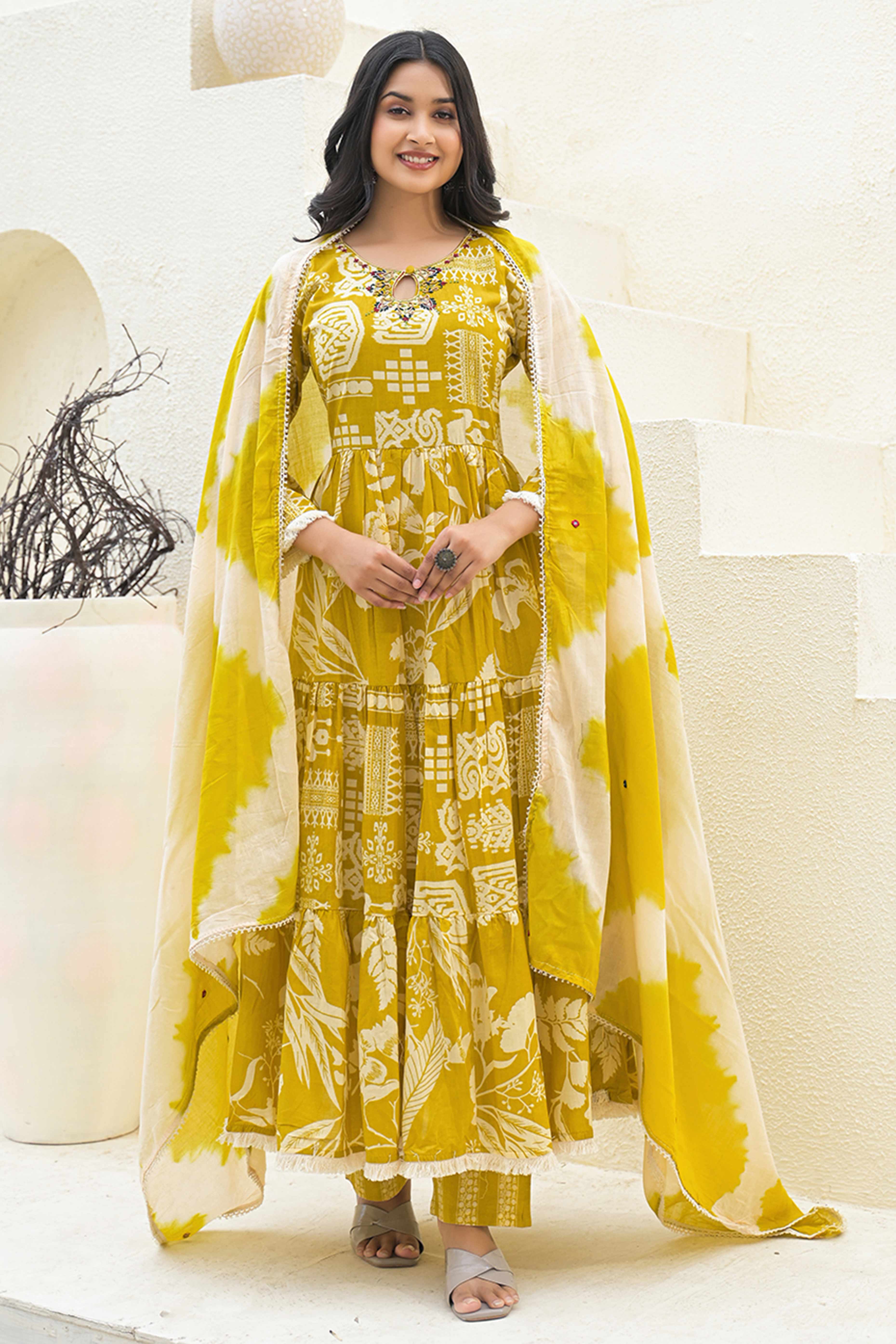 Traditional Printed Mustard Anarkali Salwar Suit with Delicate Embroidery in Cotton Fabric