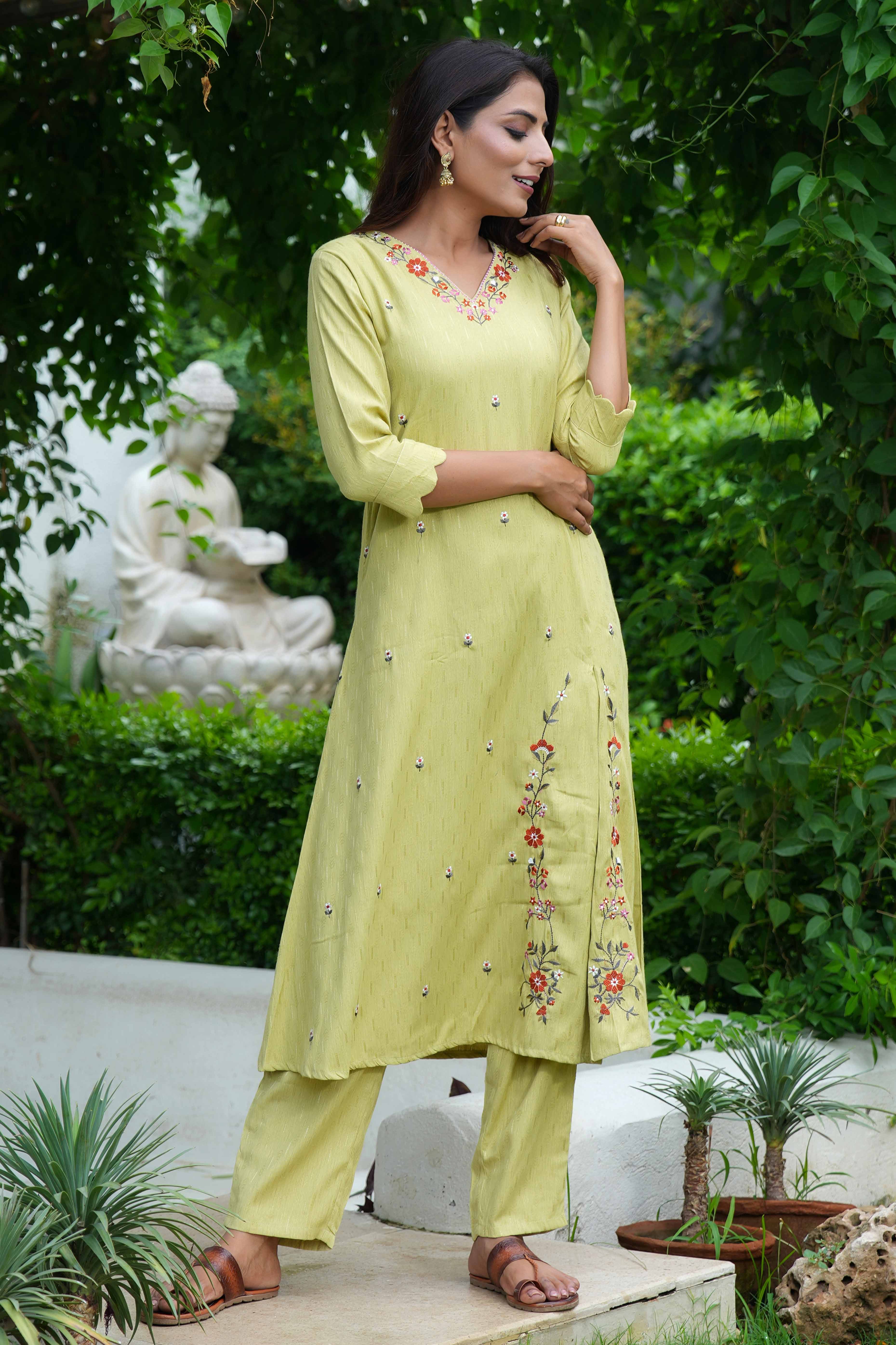 Light Green A-Line Top and Bottom Set in Dobby Rayon with Intricate Floral Embroidery