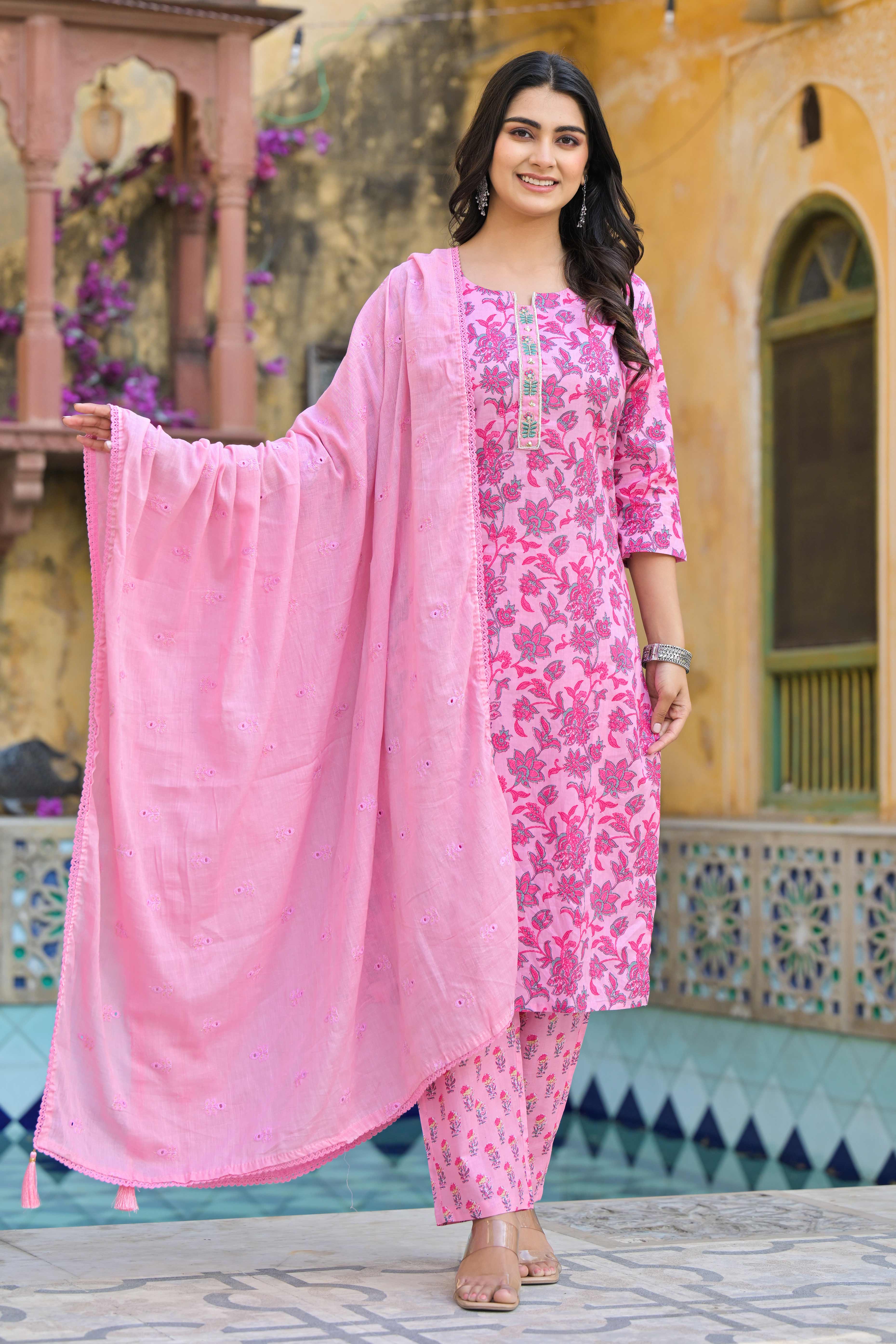 Blush Pink Floral Printed Pure Cotton Straight Salwar Suit