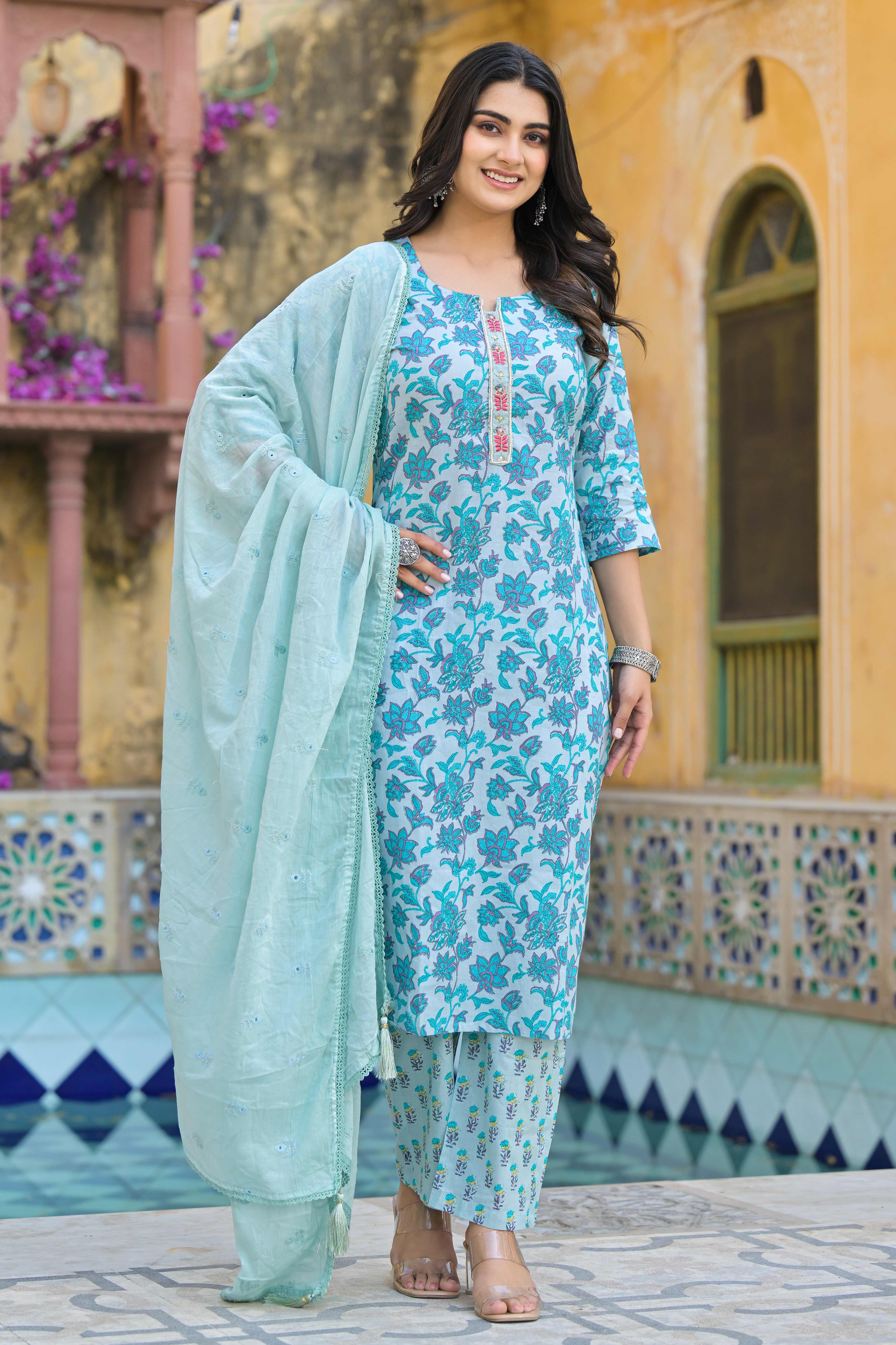 Turquoise Floral Printed Pure Cotton Straight Salwar Suit