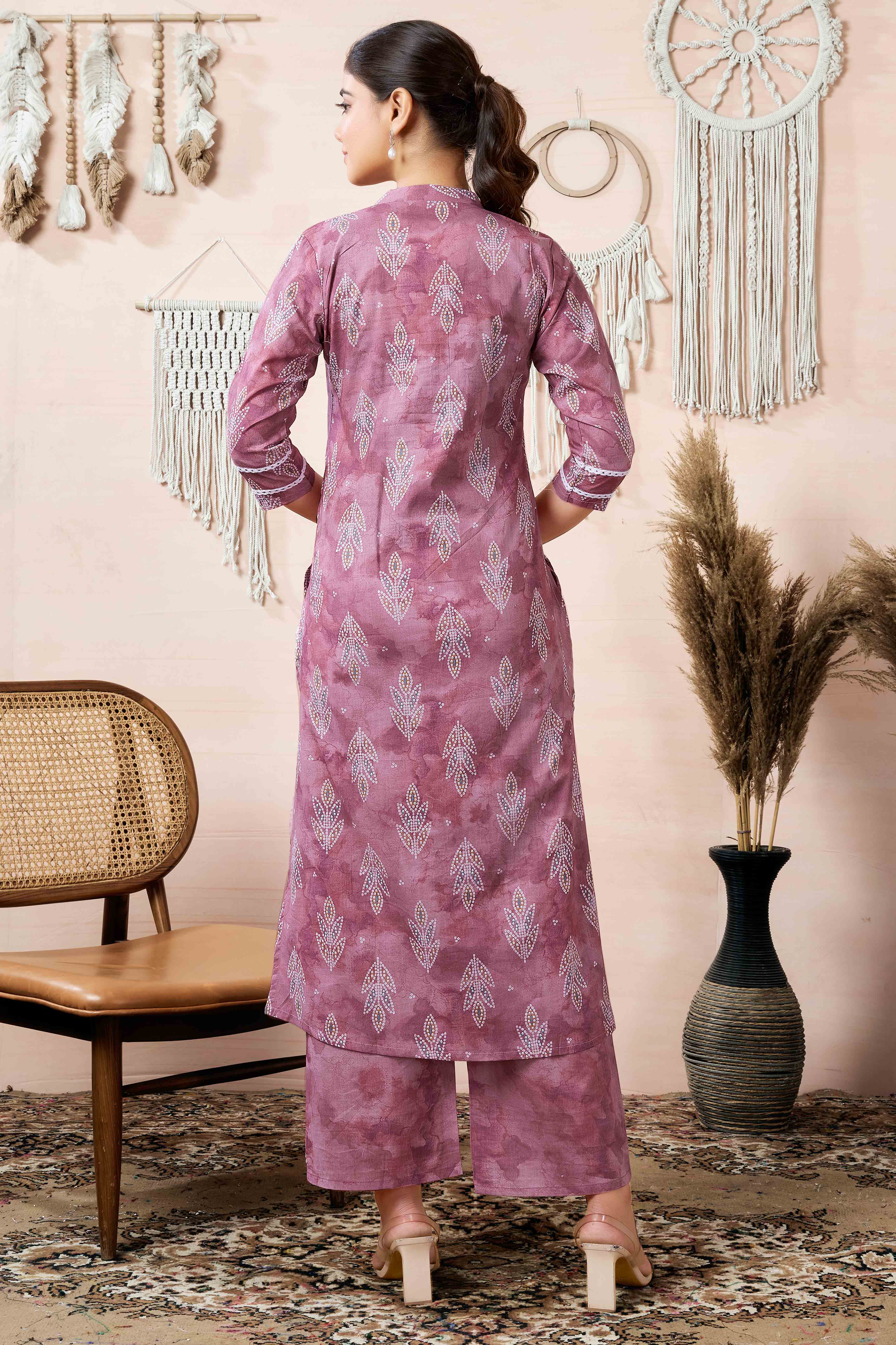 Mauve Floral Foil Printed Cambric Cotton Kurti Palazzo Set
