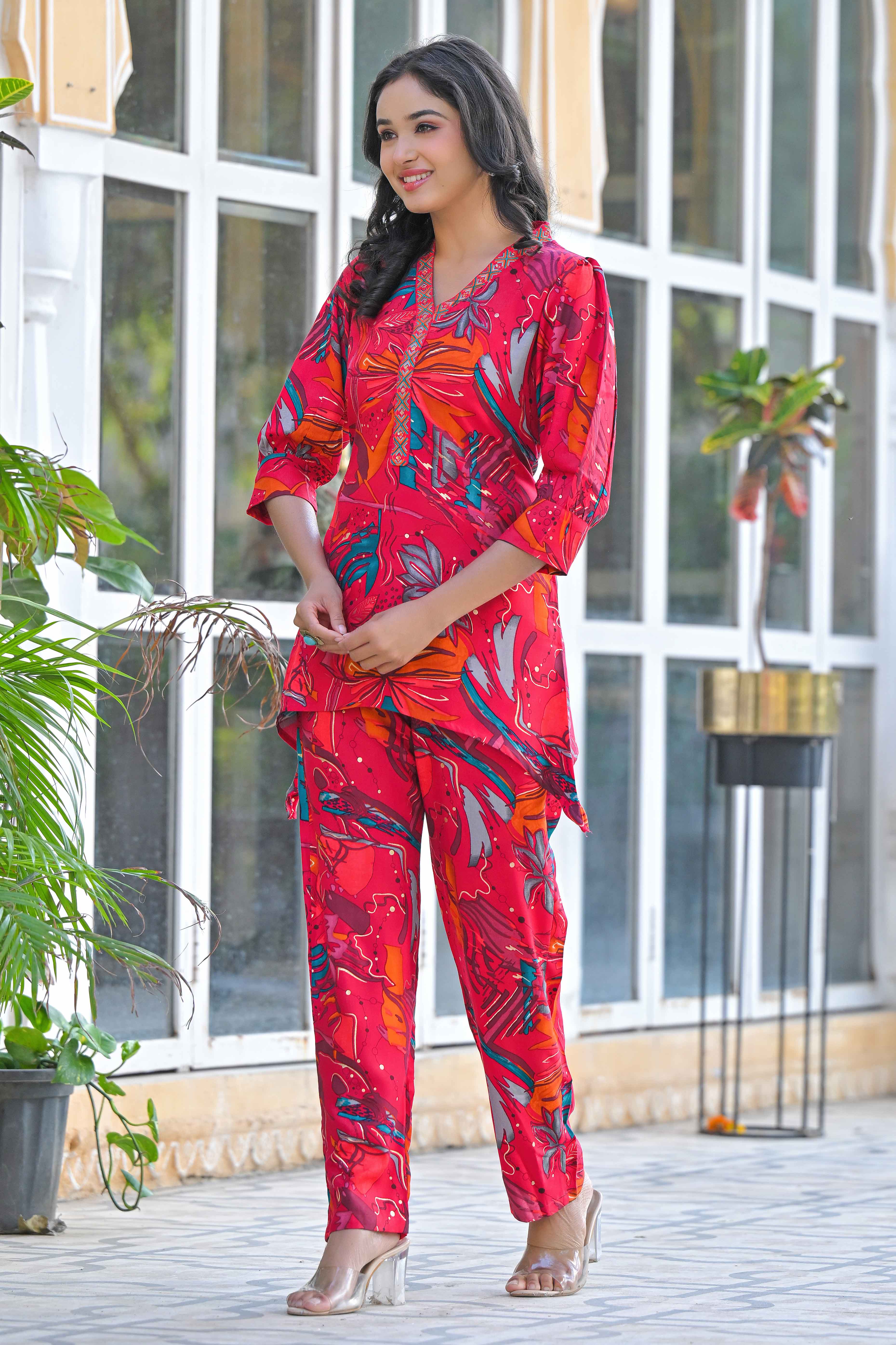 Pink Floral Printed Rayon A-Line Co-Ord Set