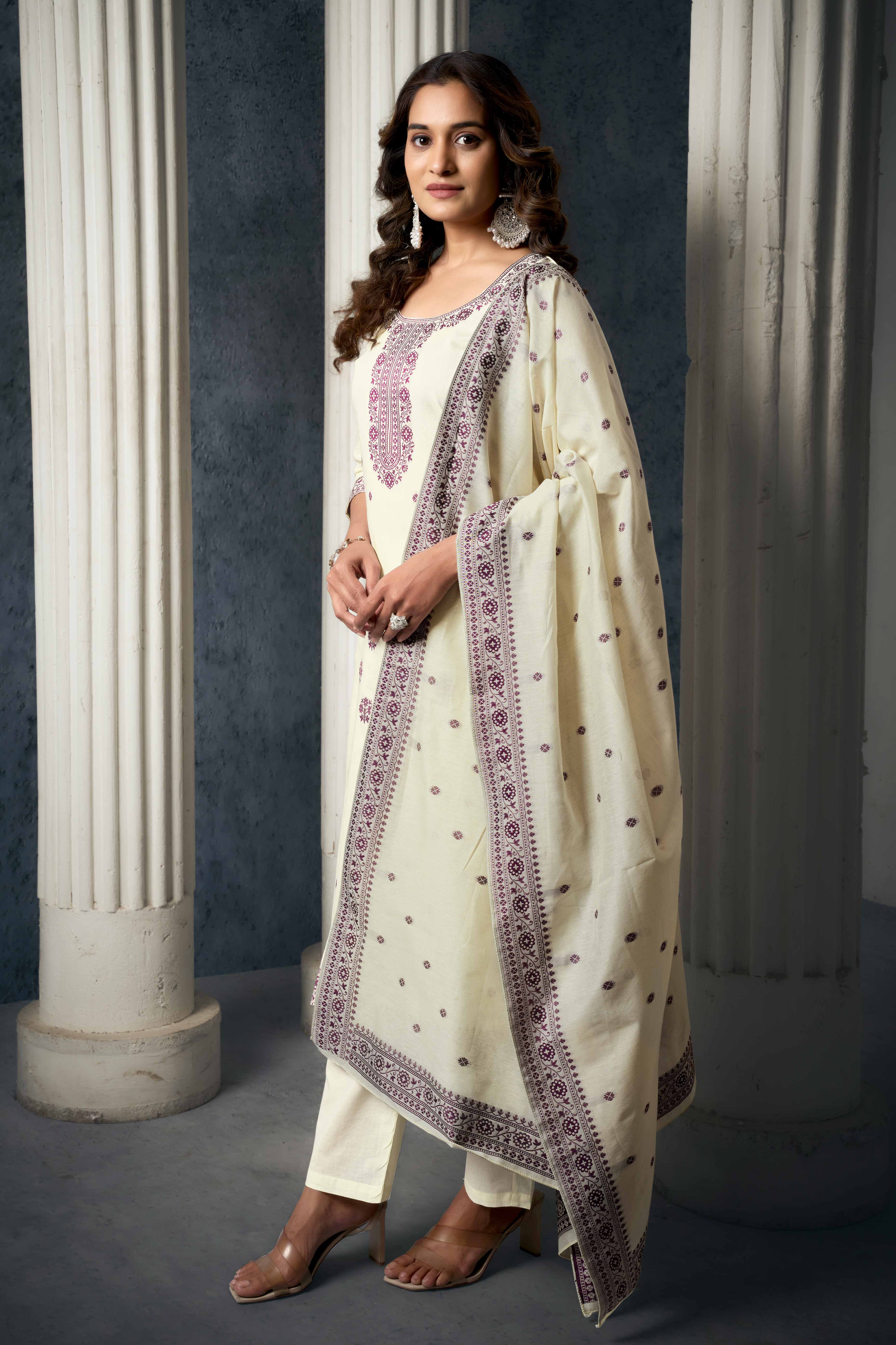 Off White & Wine Jacquard Weaving Pure Cotton Straight Salwar Suit