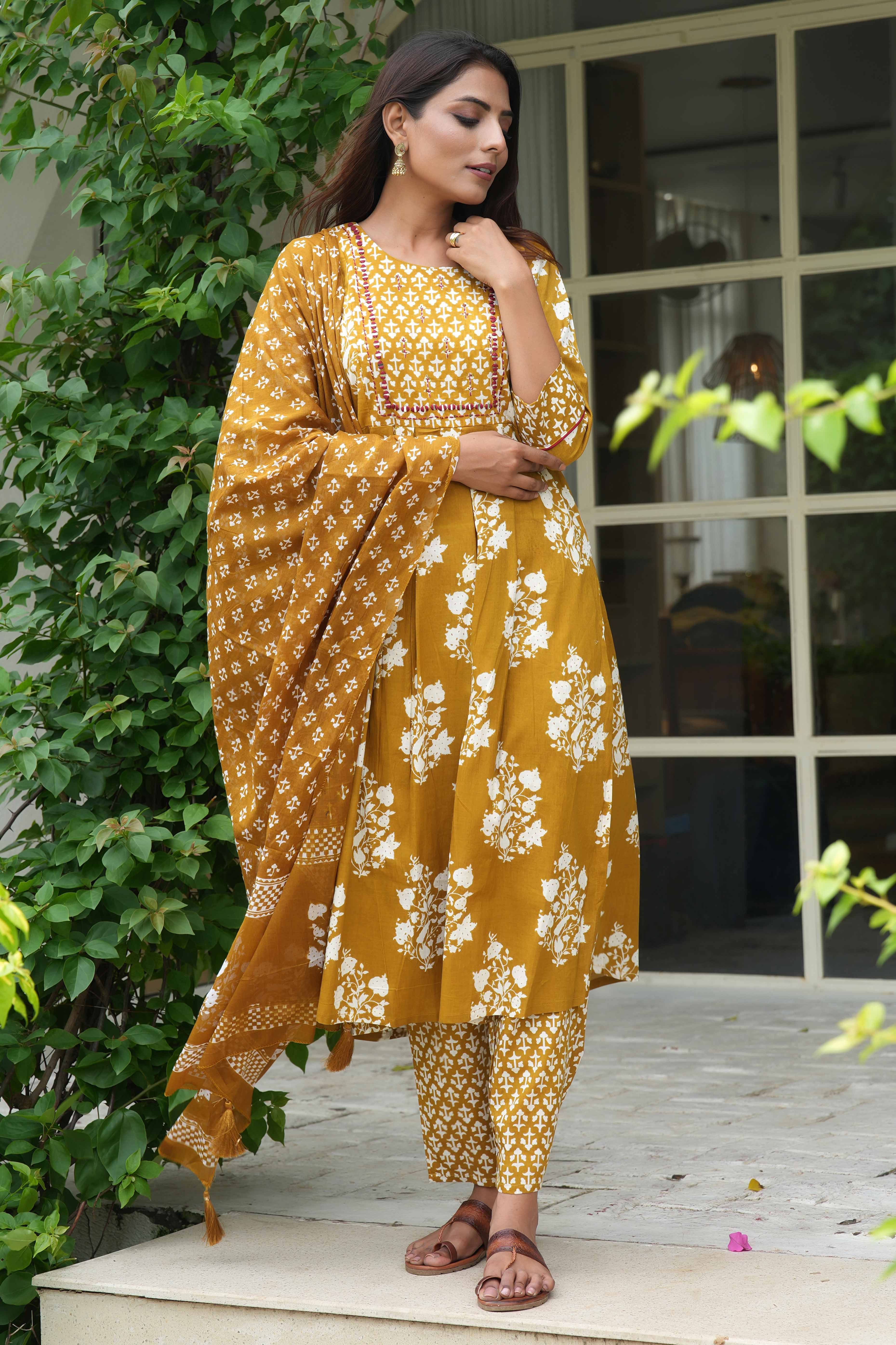 Radiant Mustard A Line Suit Adorned with Mirror & Sequin Embroidery Elegance