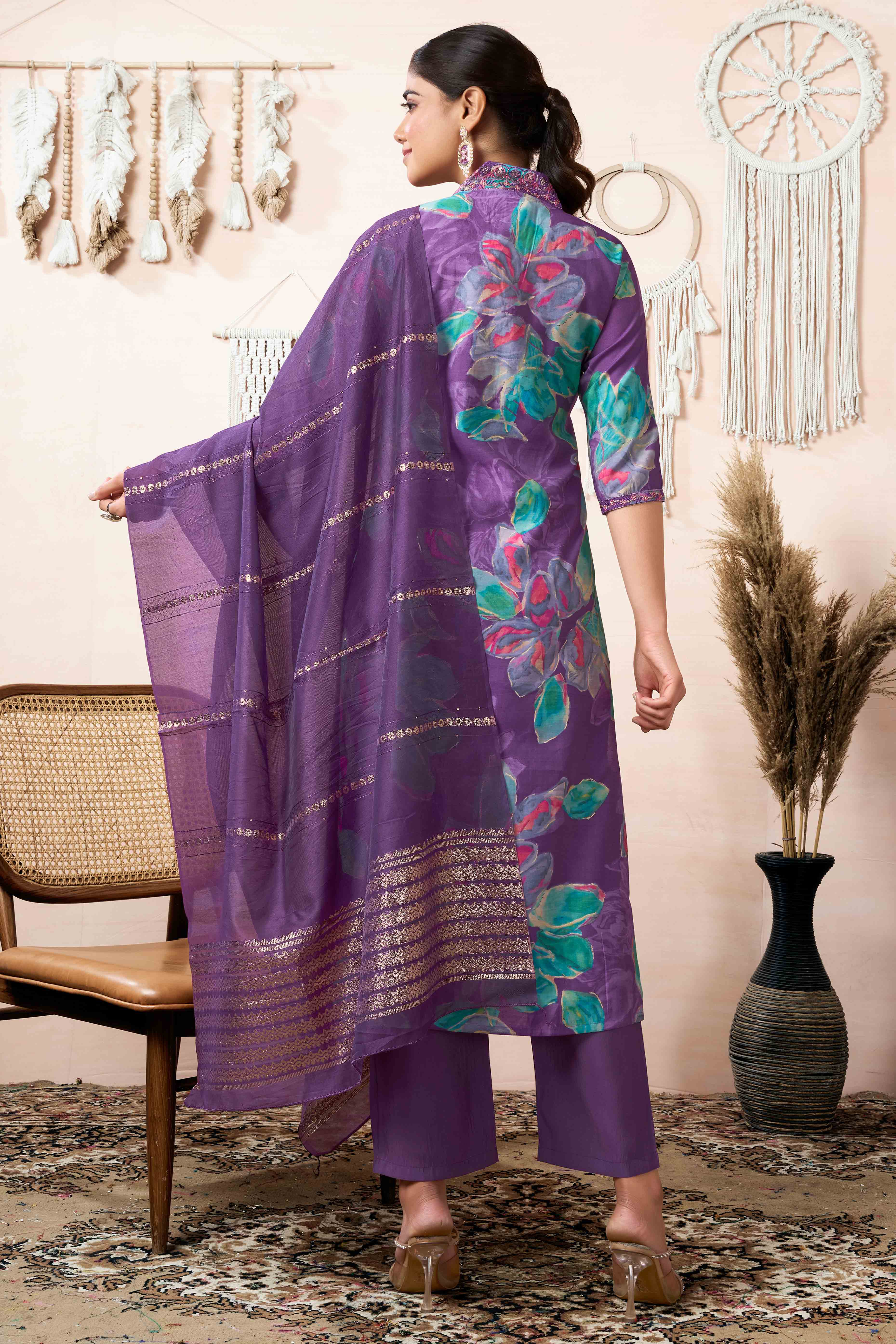 Purple Floral Printed Cotton Silk Straight Salwar Suit