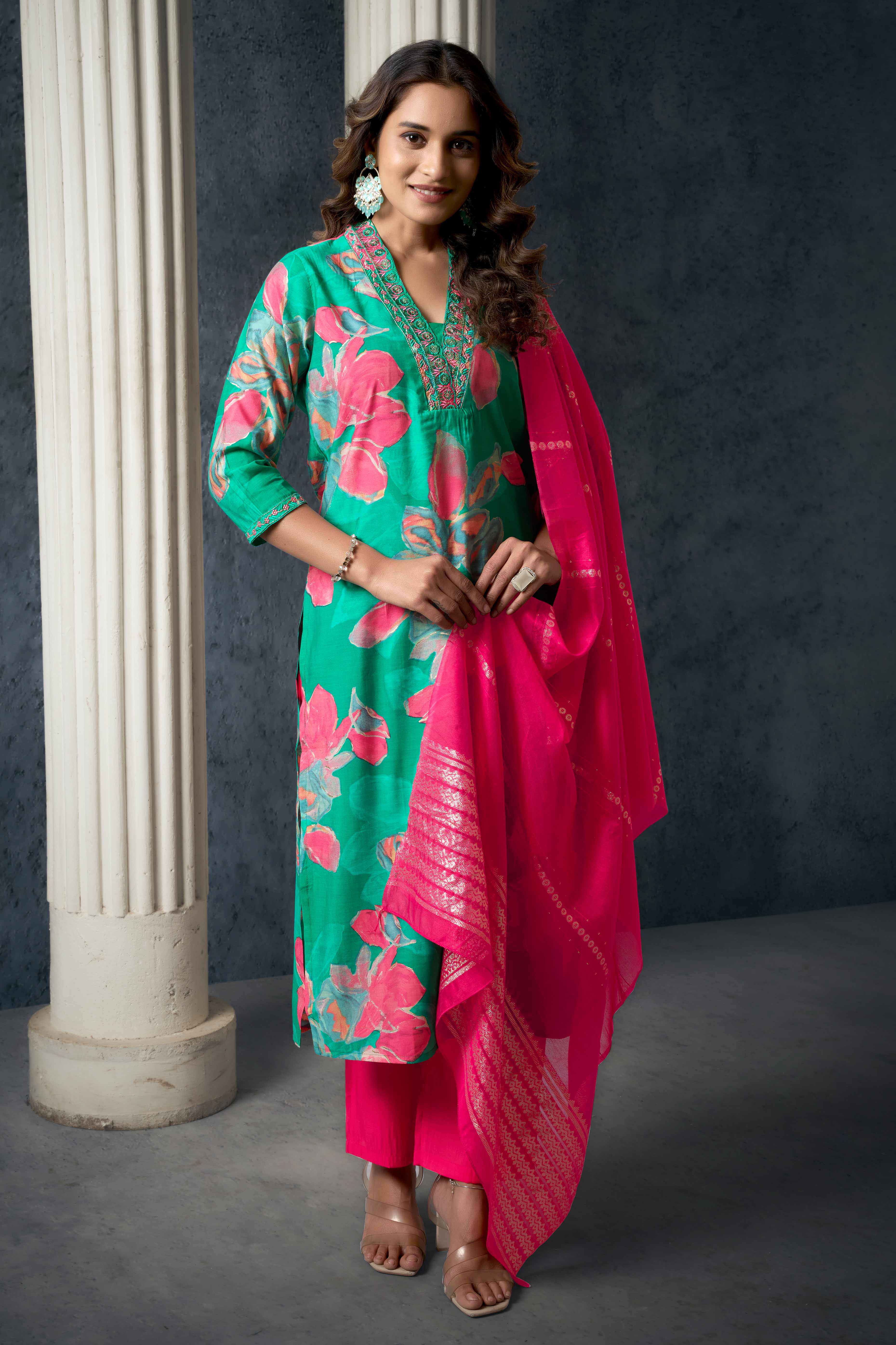 Sea Green Floral Printed Cotton Silk Straight Salwar Suit