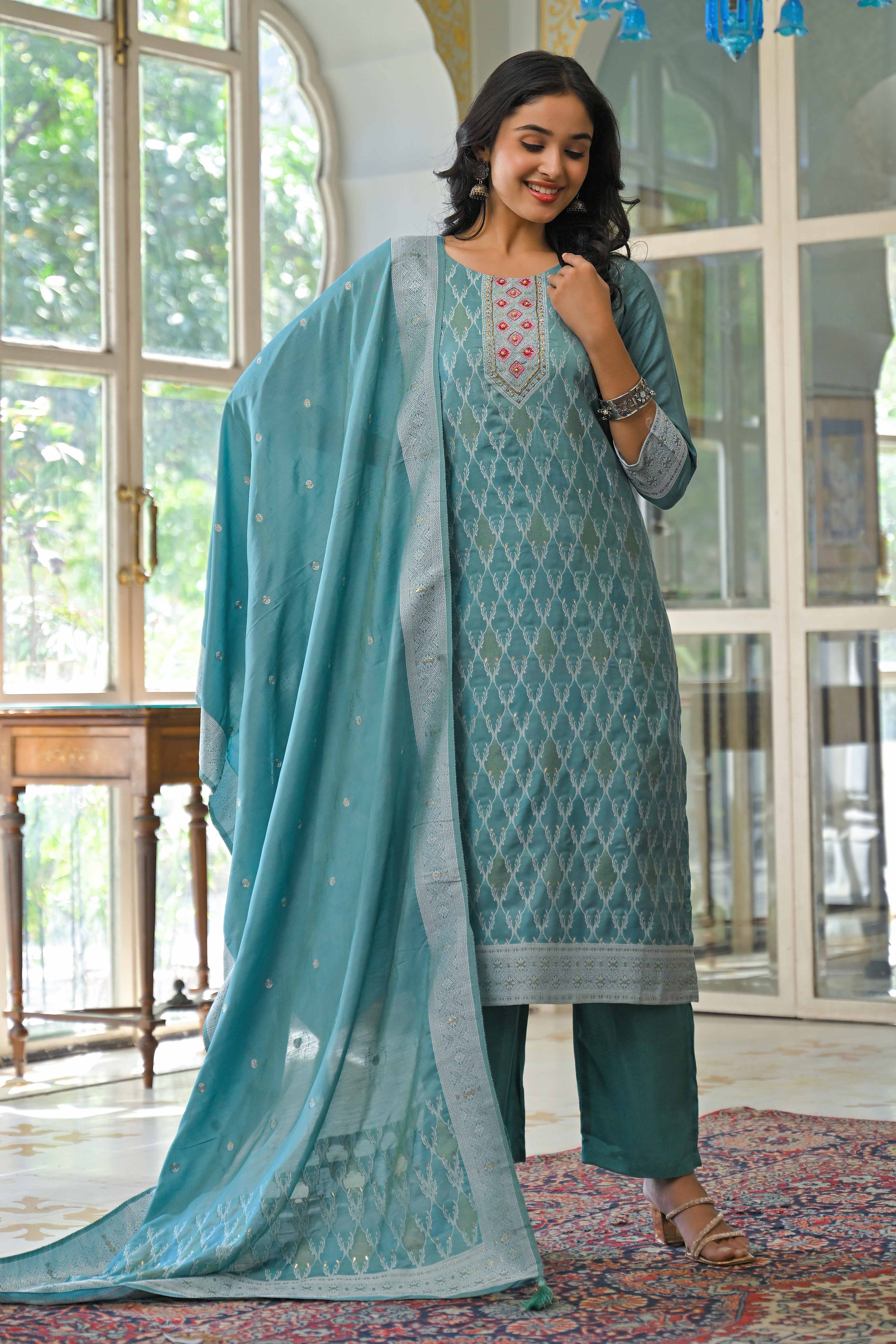 Dark Turquoise Woven With Handwork Jacquard Straight Salwar Suit