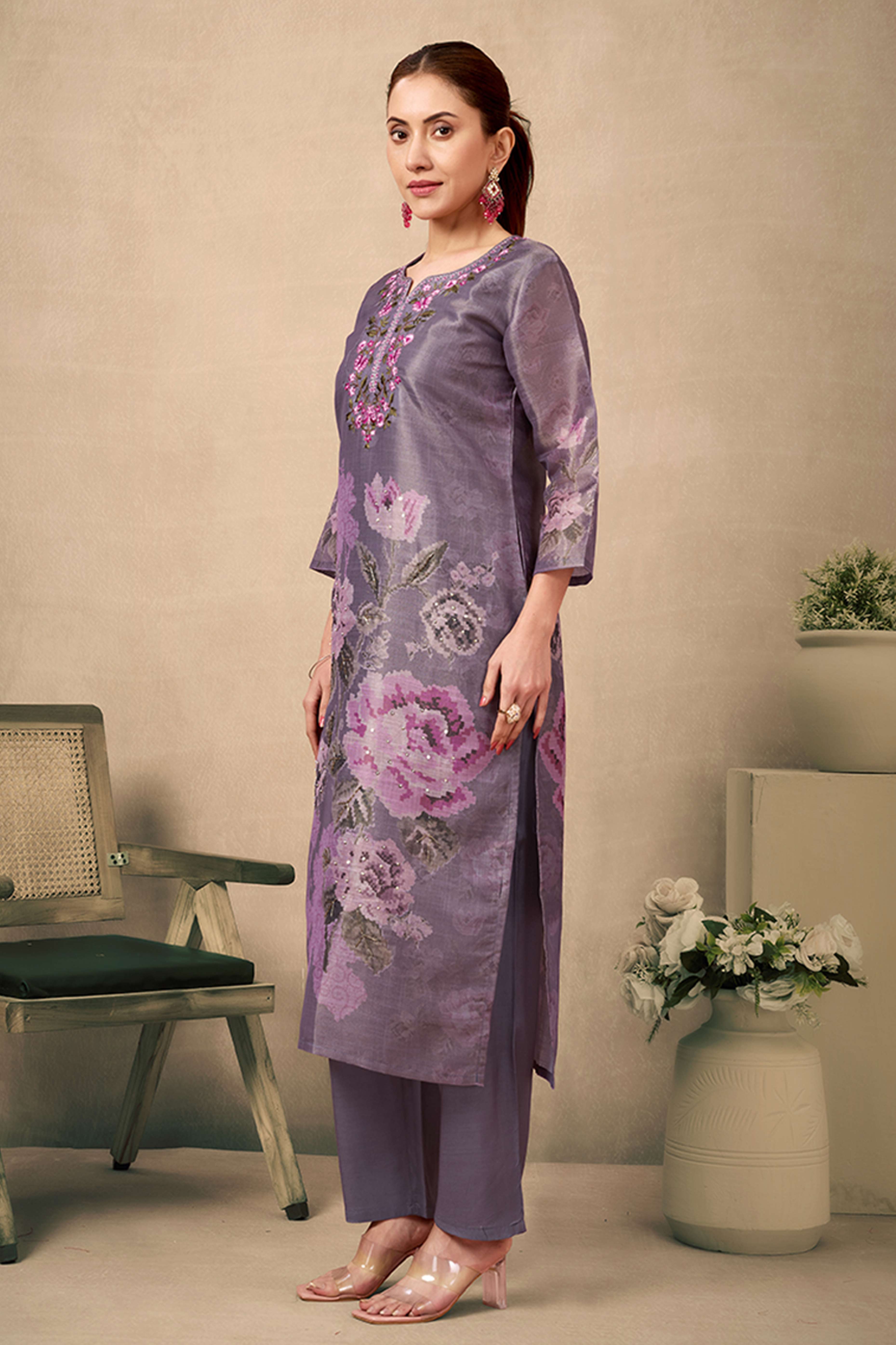 Mauve Floral Printed and Embroidered Straight Suit in Rich Textured Jacquard Fabric