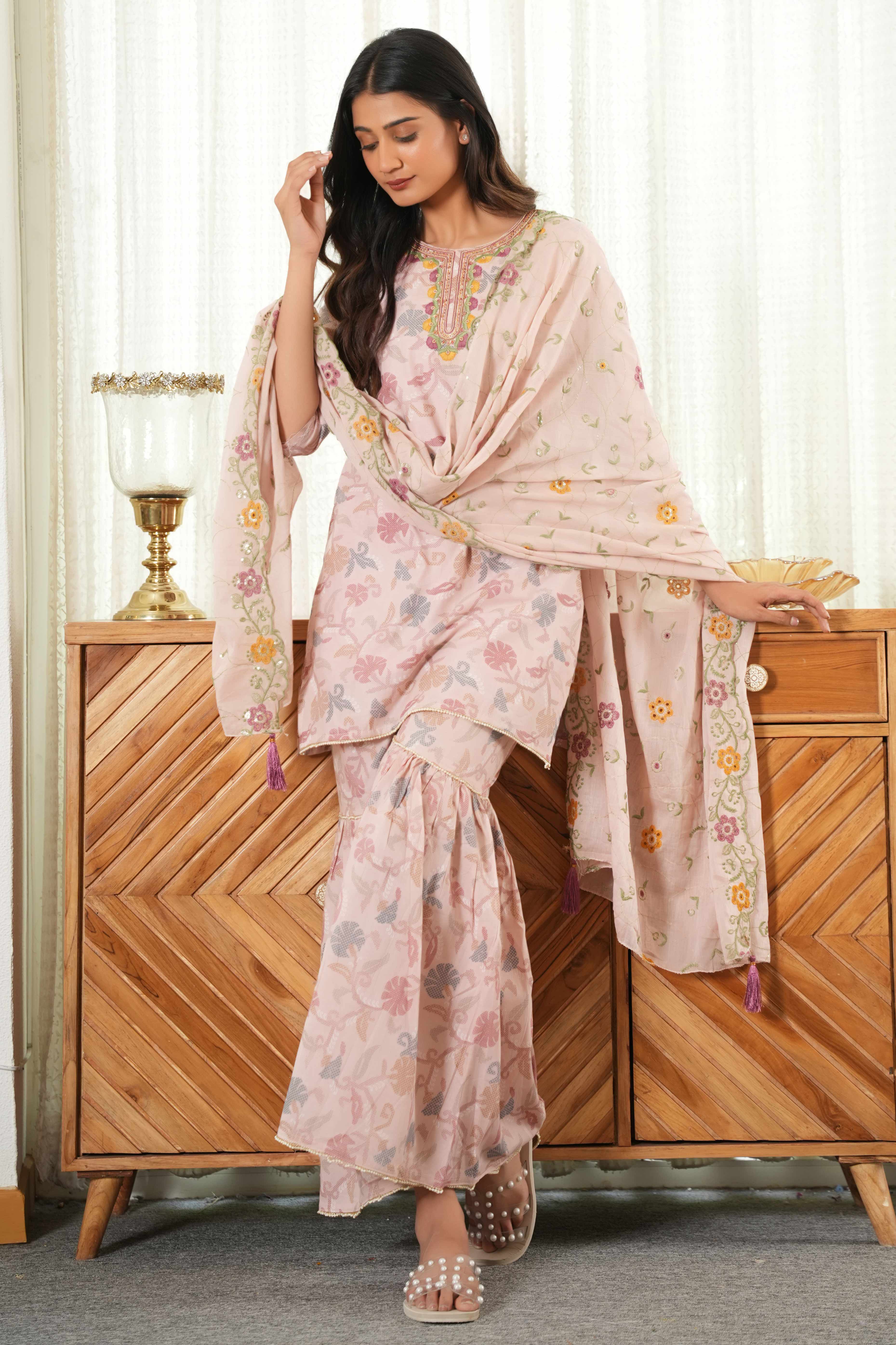 Elegant Baby Pink Floral Printed Pure Cotton Sharara Suit for Festive Charm