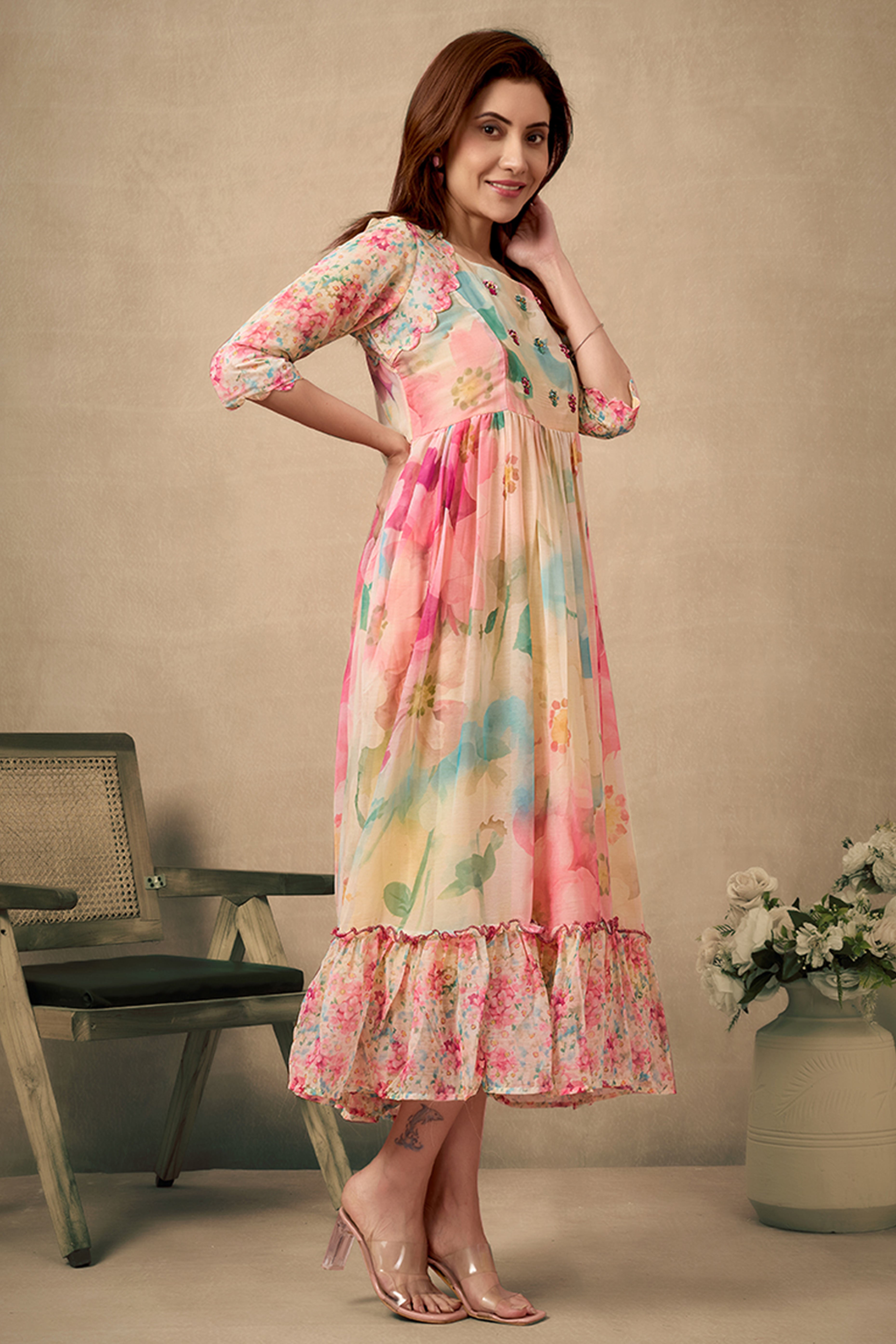 Multicolor Chiffon Maxi with Artistic Floral Prints and Handcrafted Embroidery