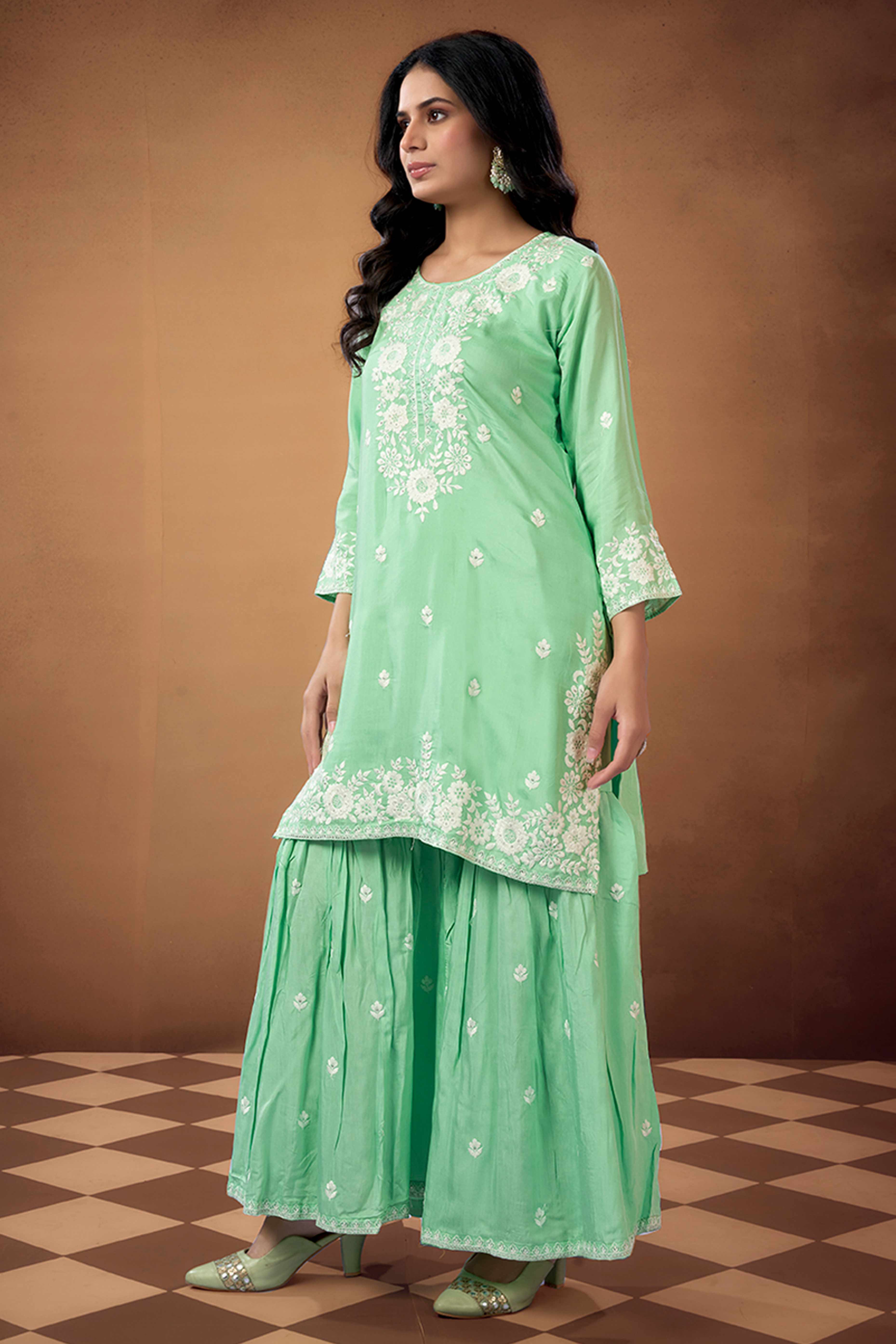 Sea Green Floral Embroidered Muslin Straigth Sharara Suit