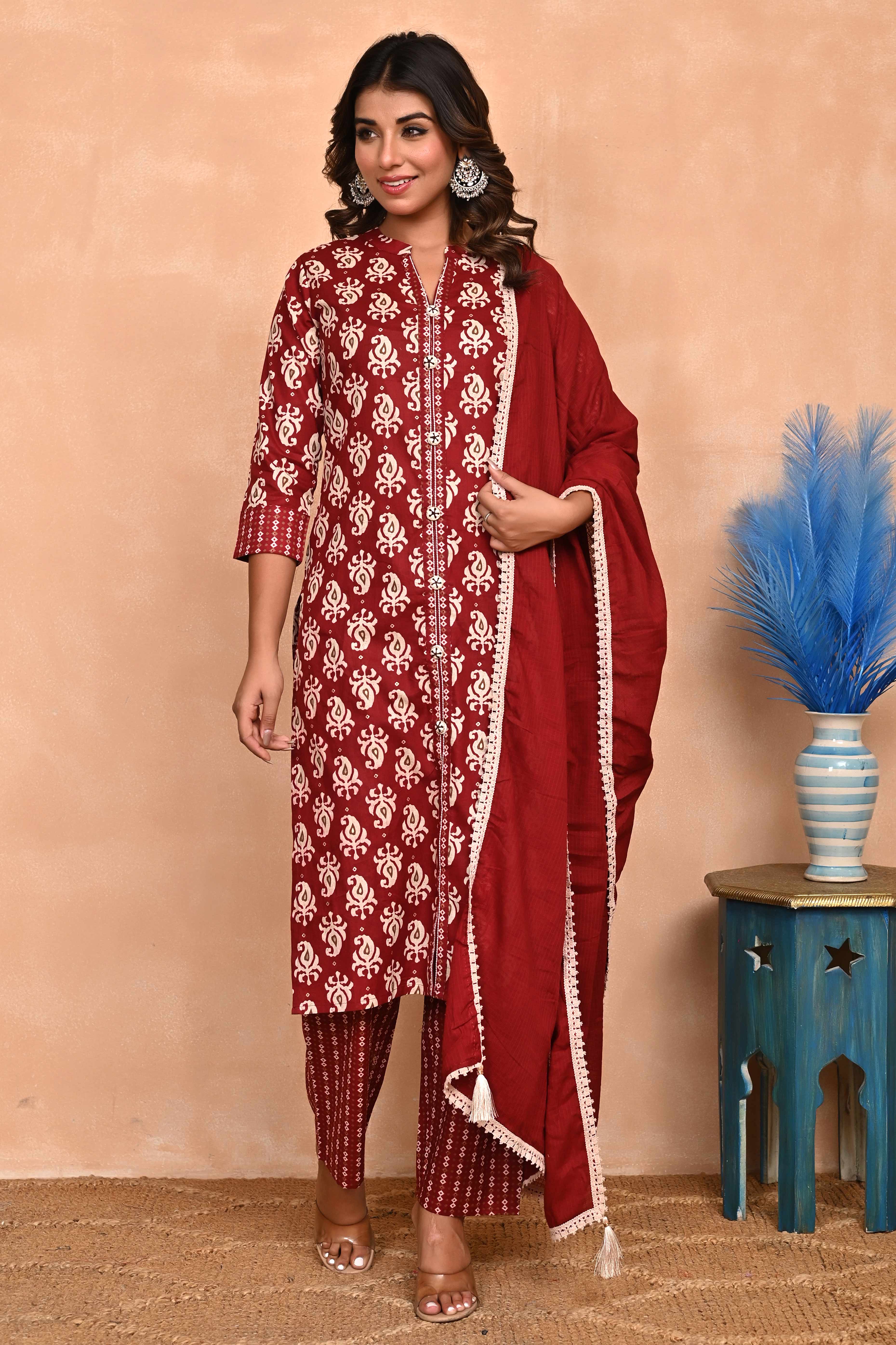Maroon Floral Printed Salwar Suit in Pure Cotton with Modern Front Slit Styling