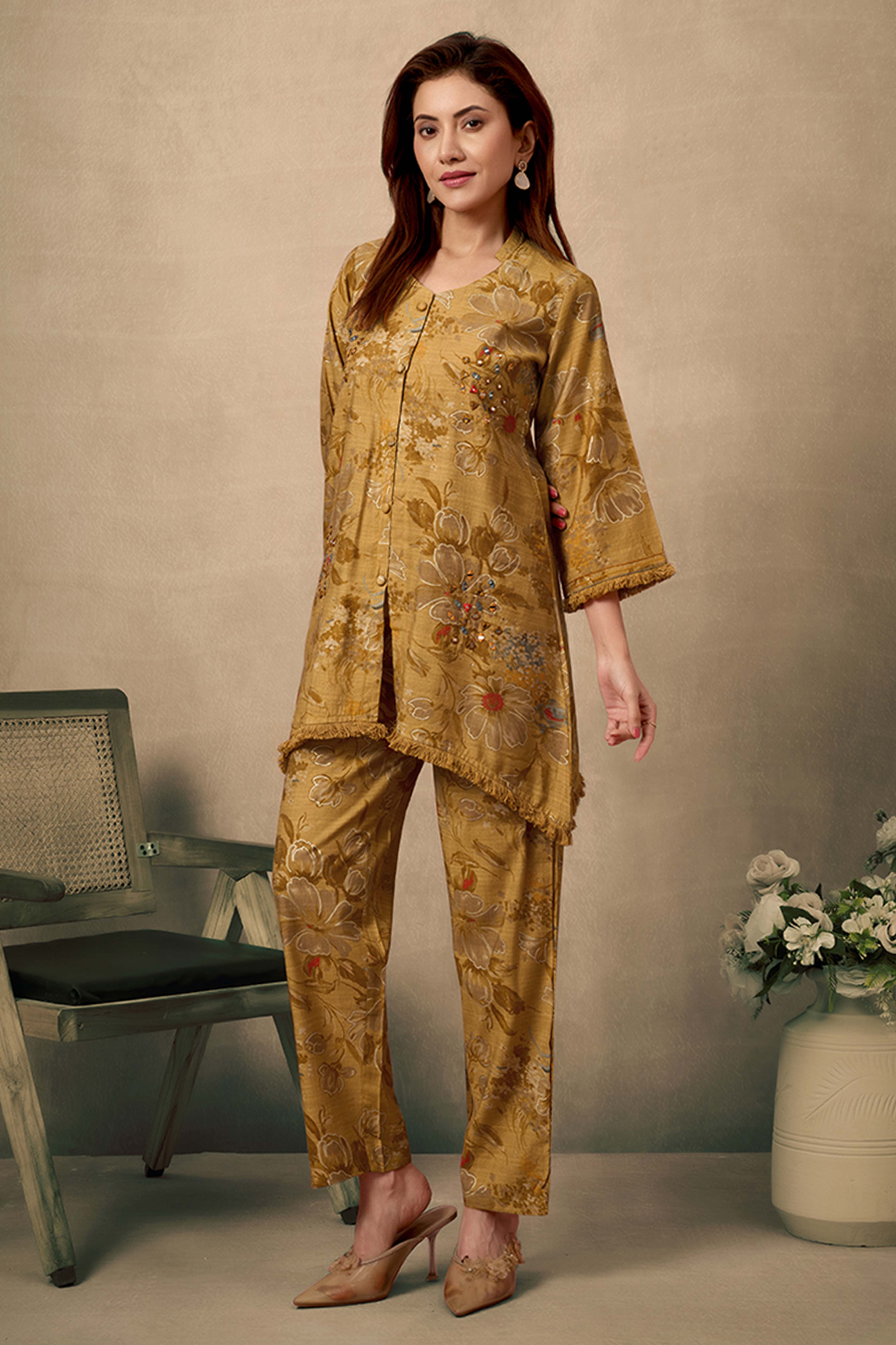 Mustard Pure Cotton Floral Co-Ord Set with Handcrafted Mirror Work