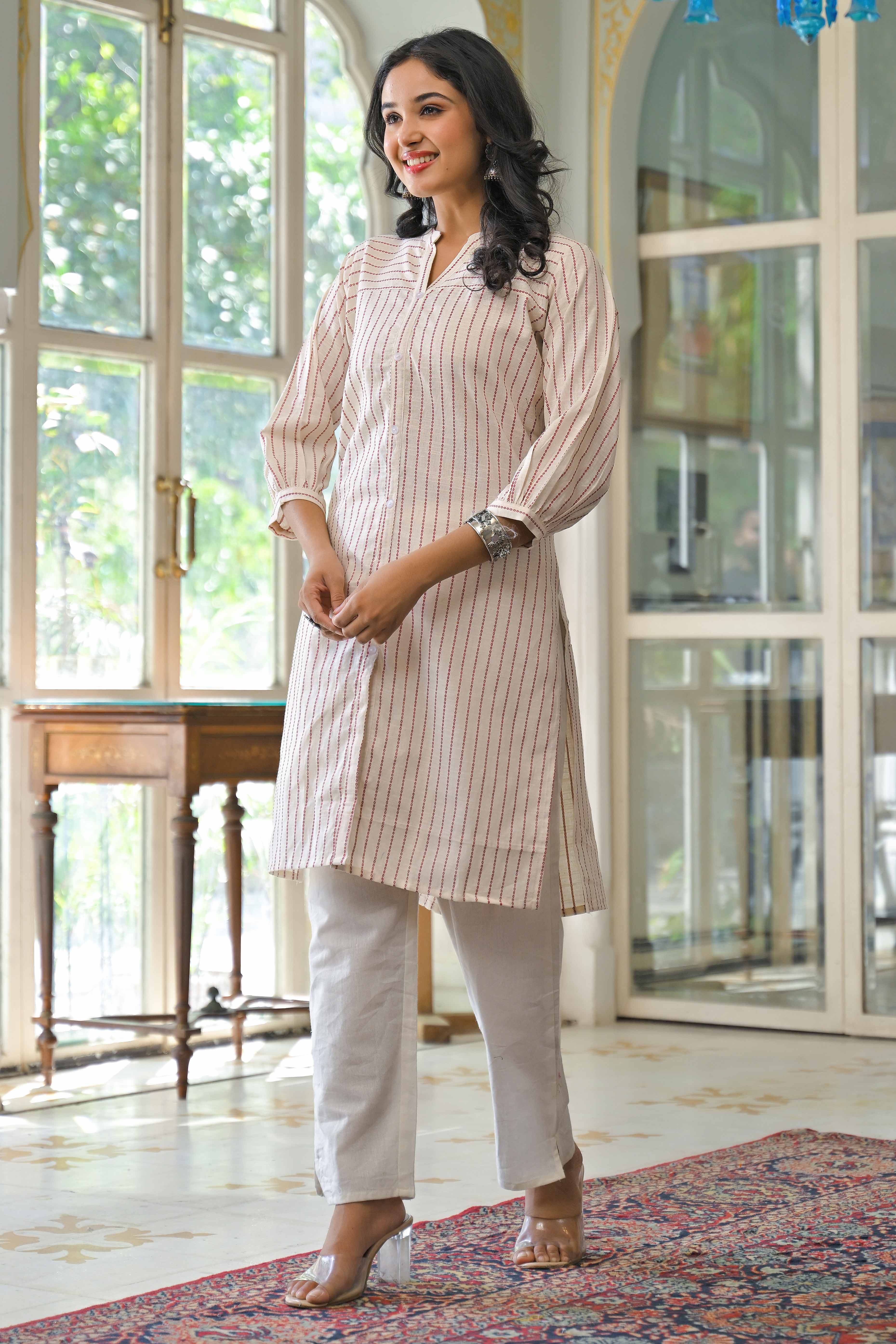 Offwhite Woven Pure Cotton Front Slit Kurti