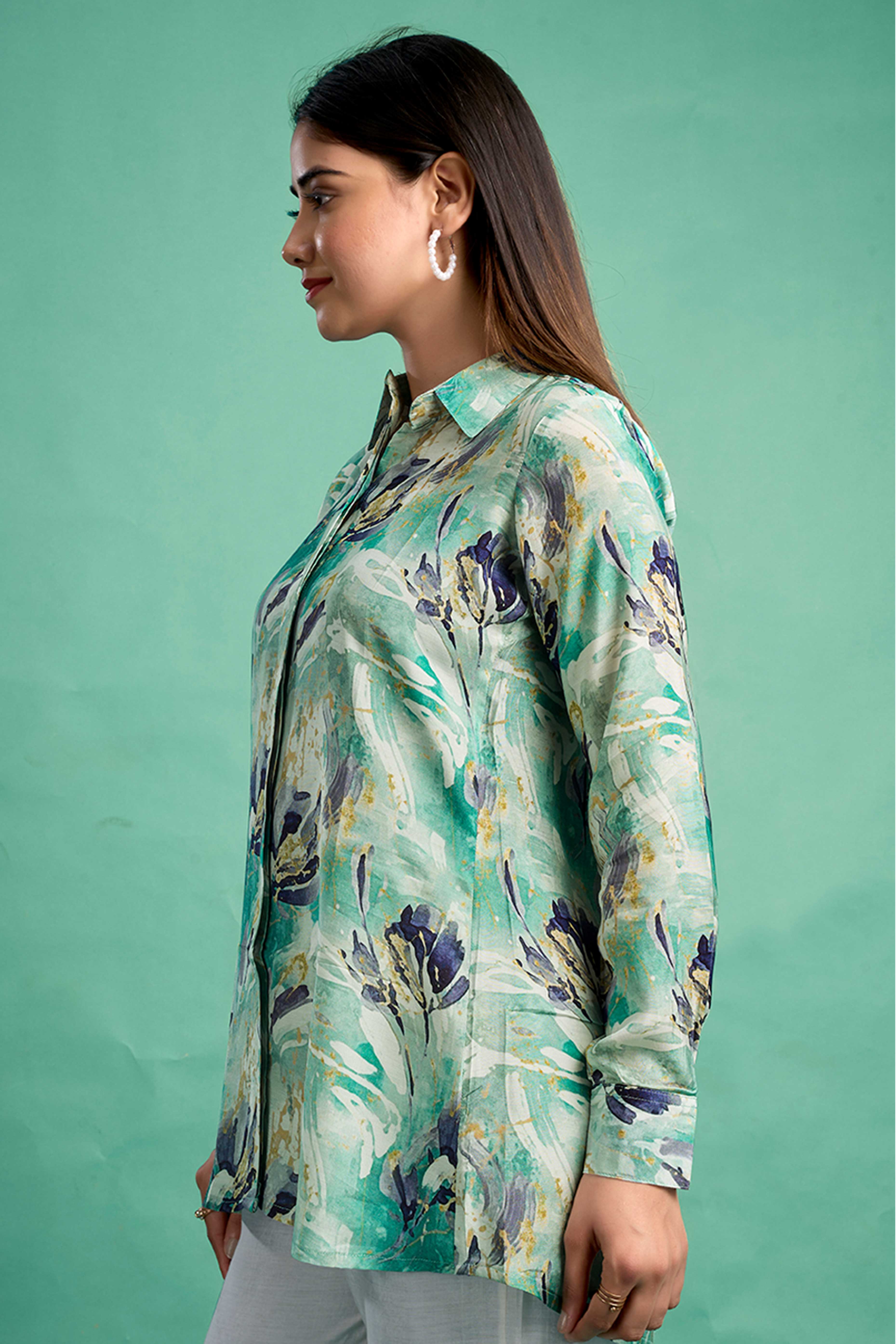 Sea Green Floral Printed Muslin Straight Top