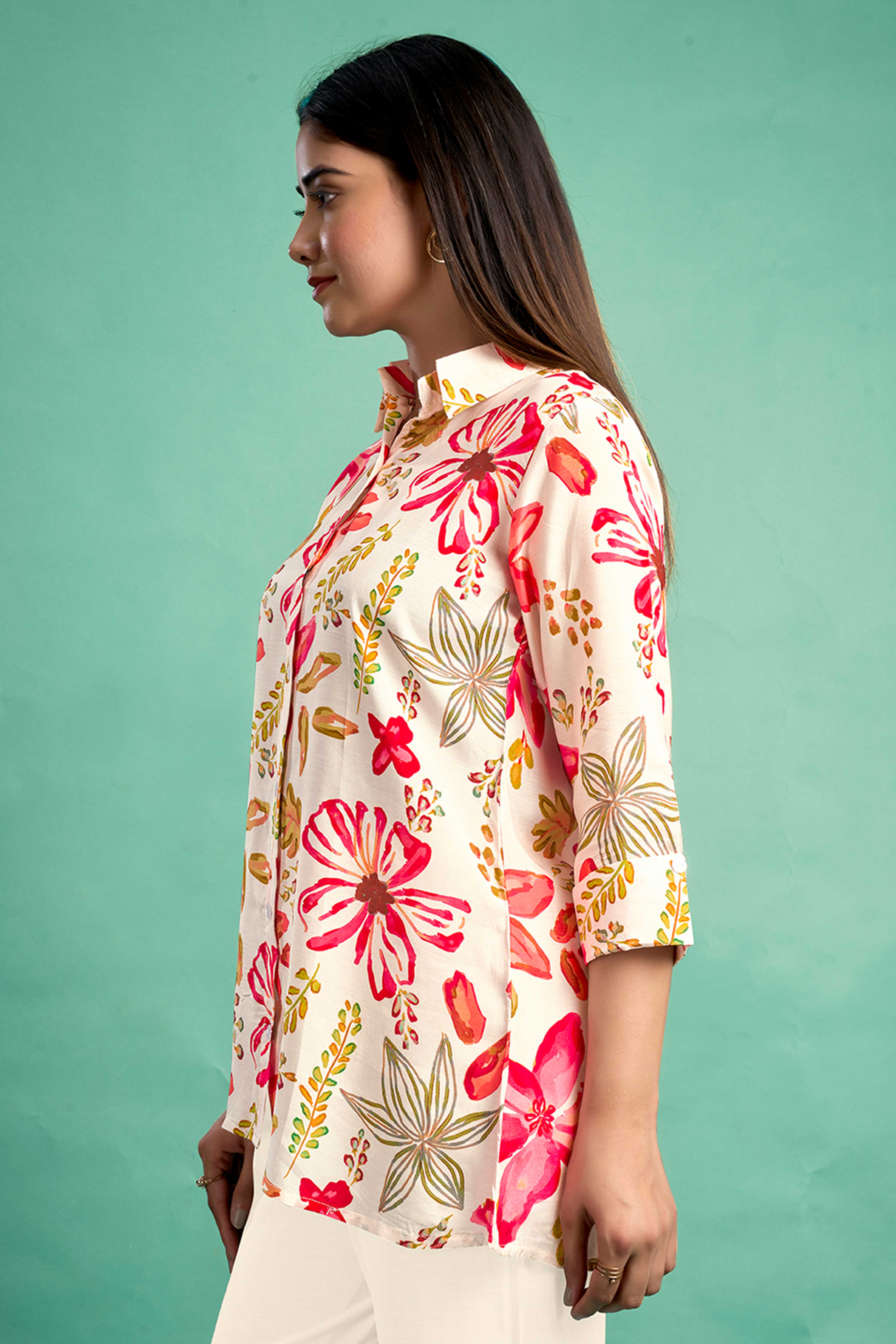 Cream & Pink Floral Printed Muslin Straight Top