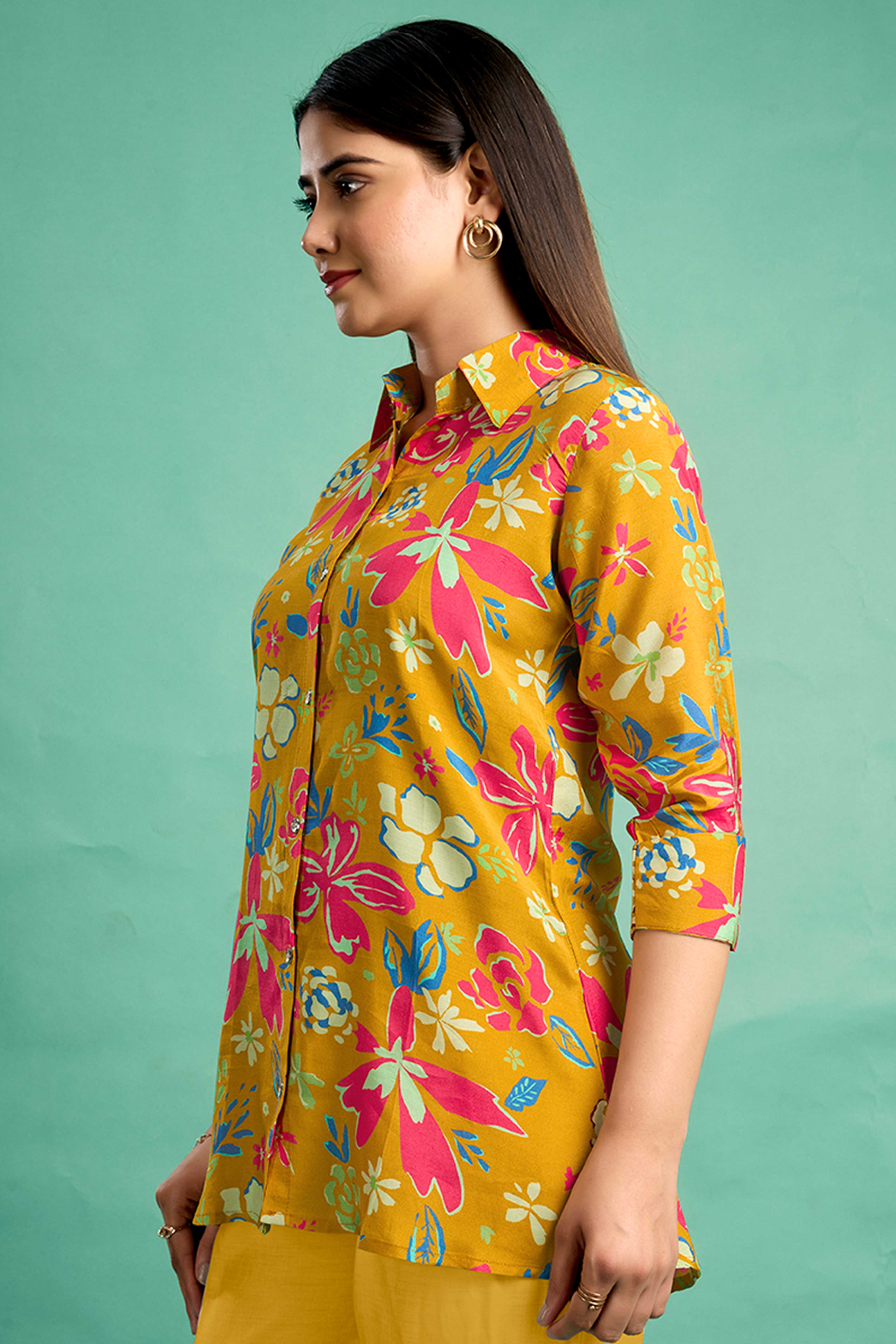 Brown Floral Printed Muslin Straight Top
